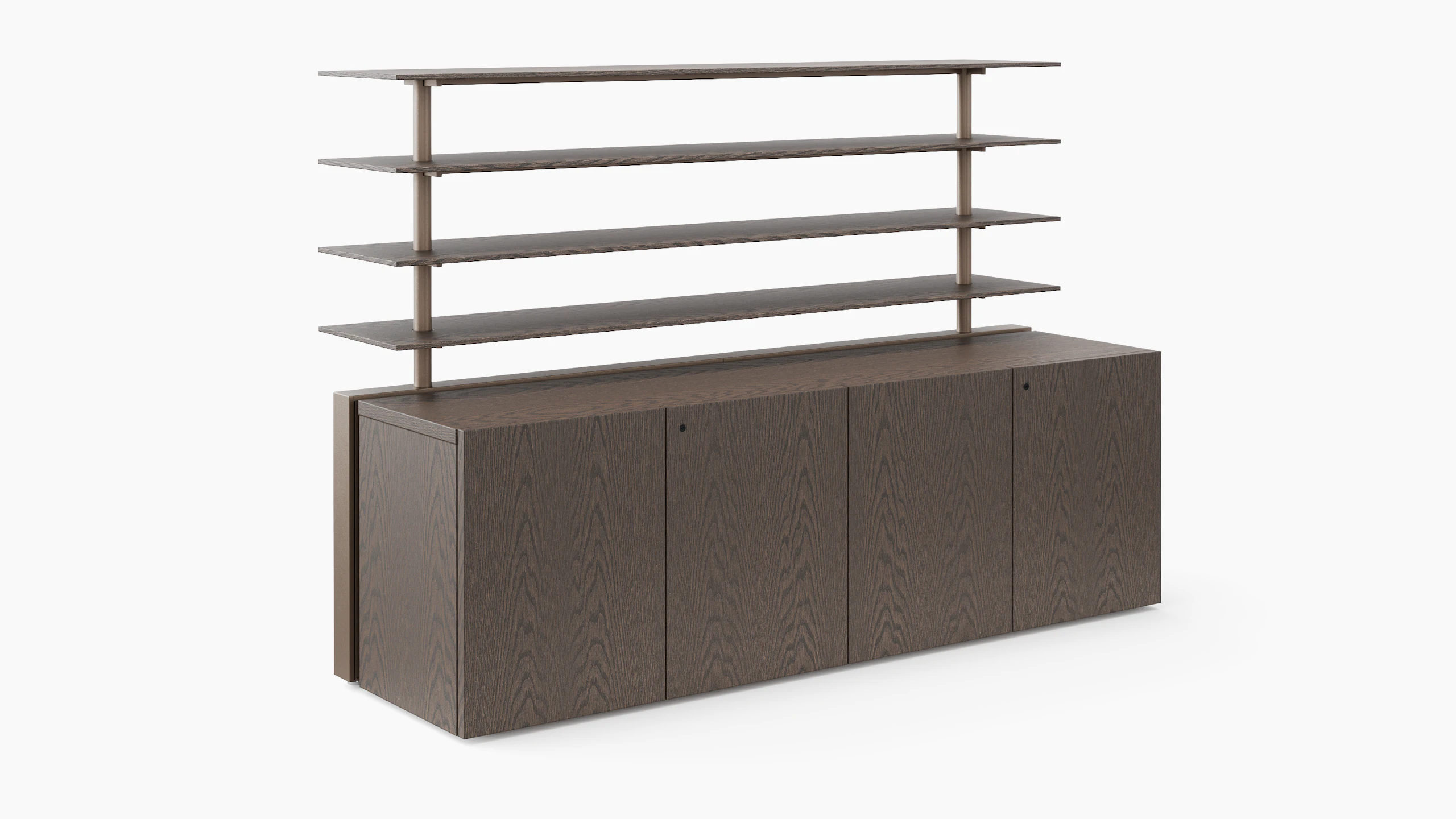 A credenza with closed doors is covered in a dark veneer and has open shelving attached to the top of the credenza.