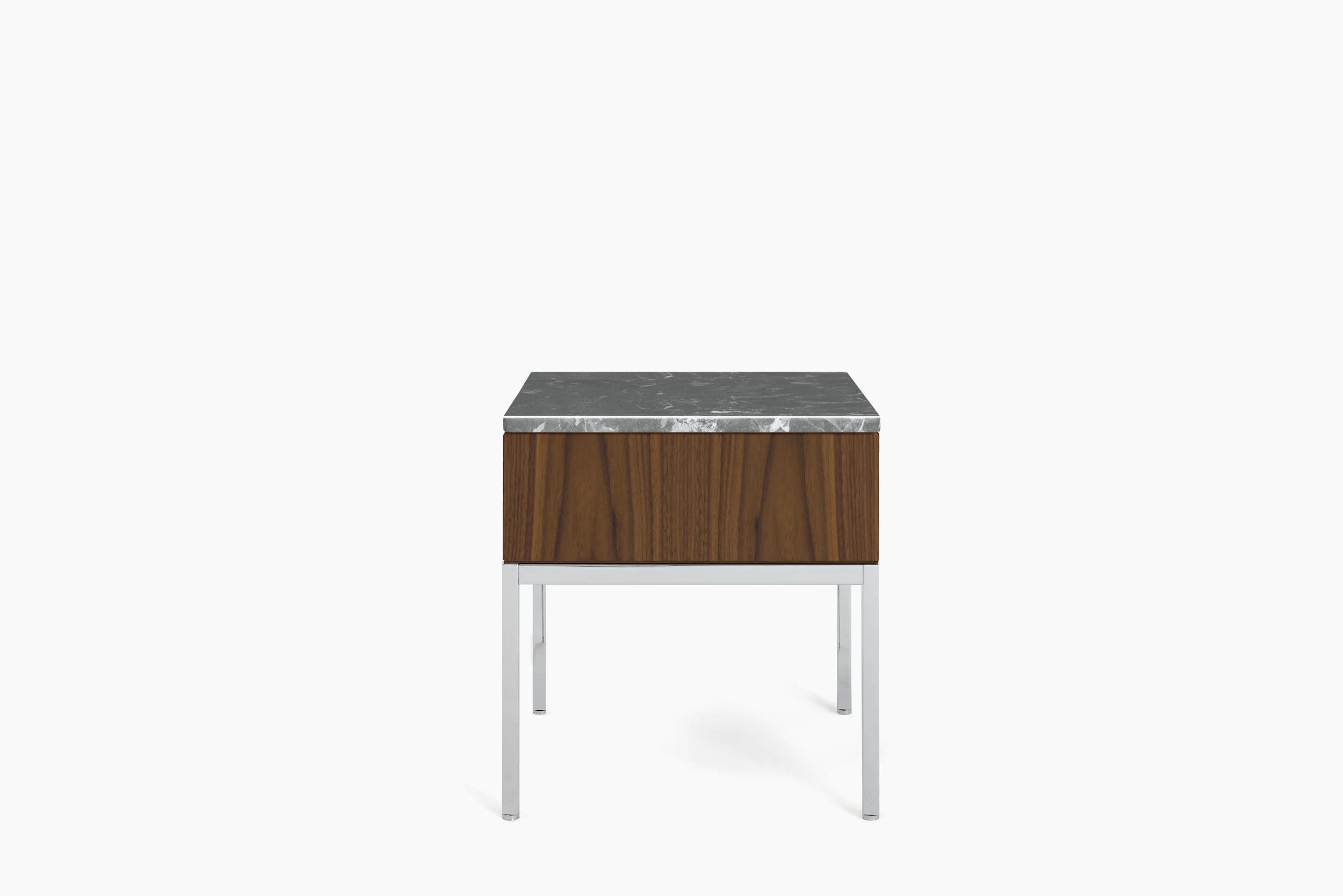 A Knoll Chermayeff Side Table in Walnut, Grey Marble Polished Coated Marble viewed from the front.