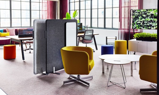 Rockwell Unscripted club chair swivel base occasional table touchdown seating media cart Inlet Screens by Knoll Islands Collection by Knoll table Dan Grabowski shared spaces dynamic teams neighborhood
