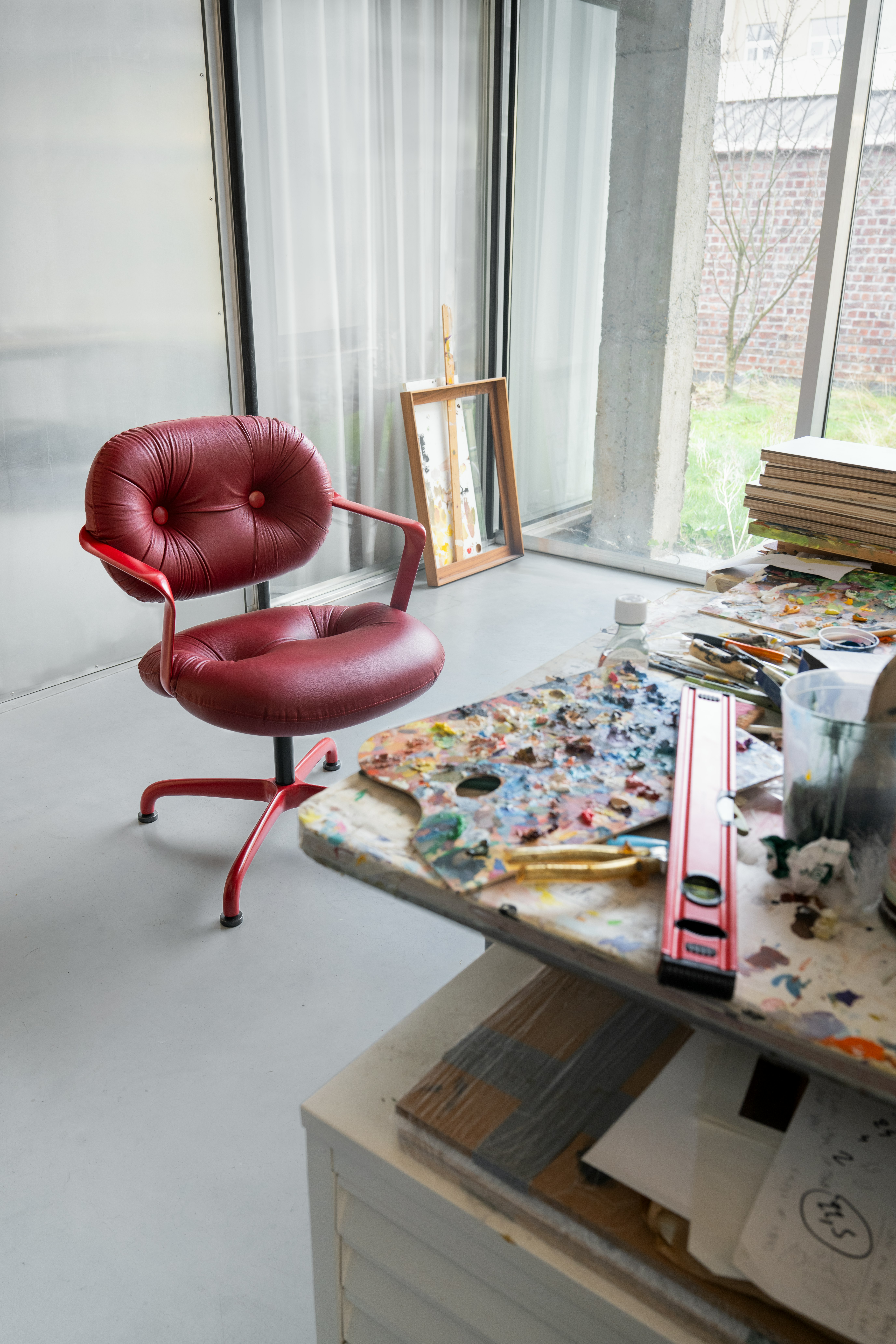 Morrison Hannah Side Chair in red leather and red frame
