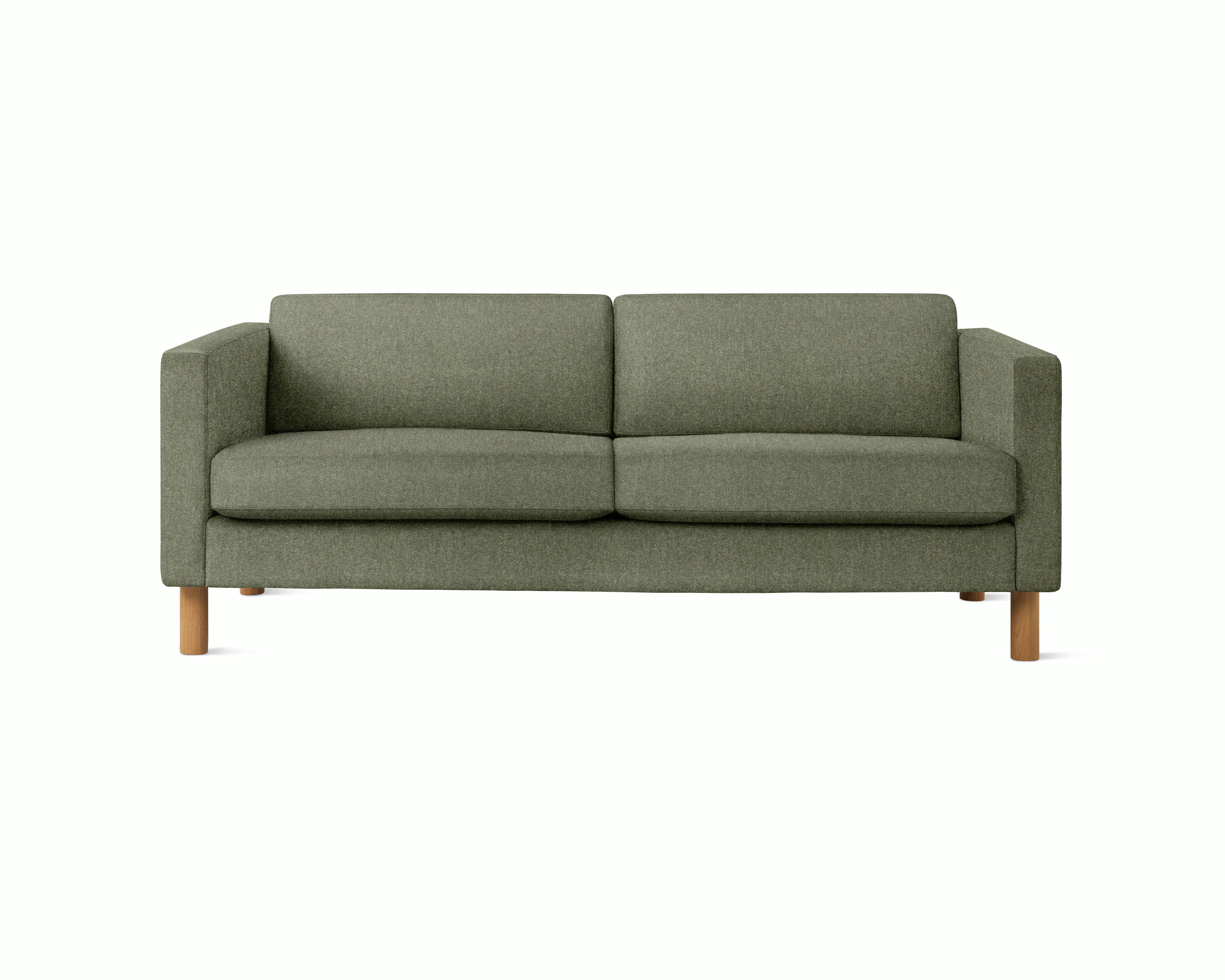 A Lispenard Sofa in Agrarian upholstery with oak legs viewed from the front.