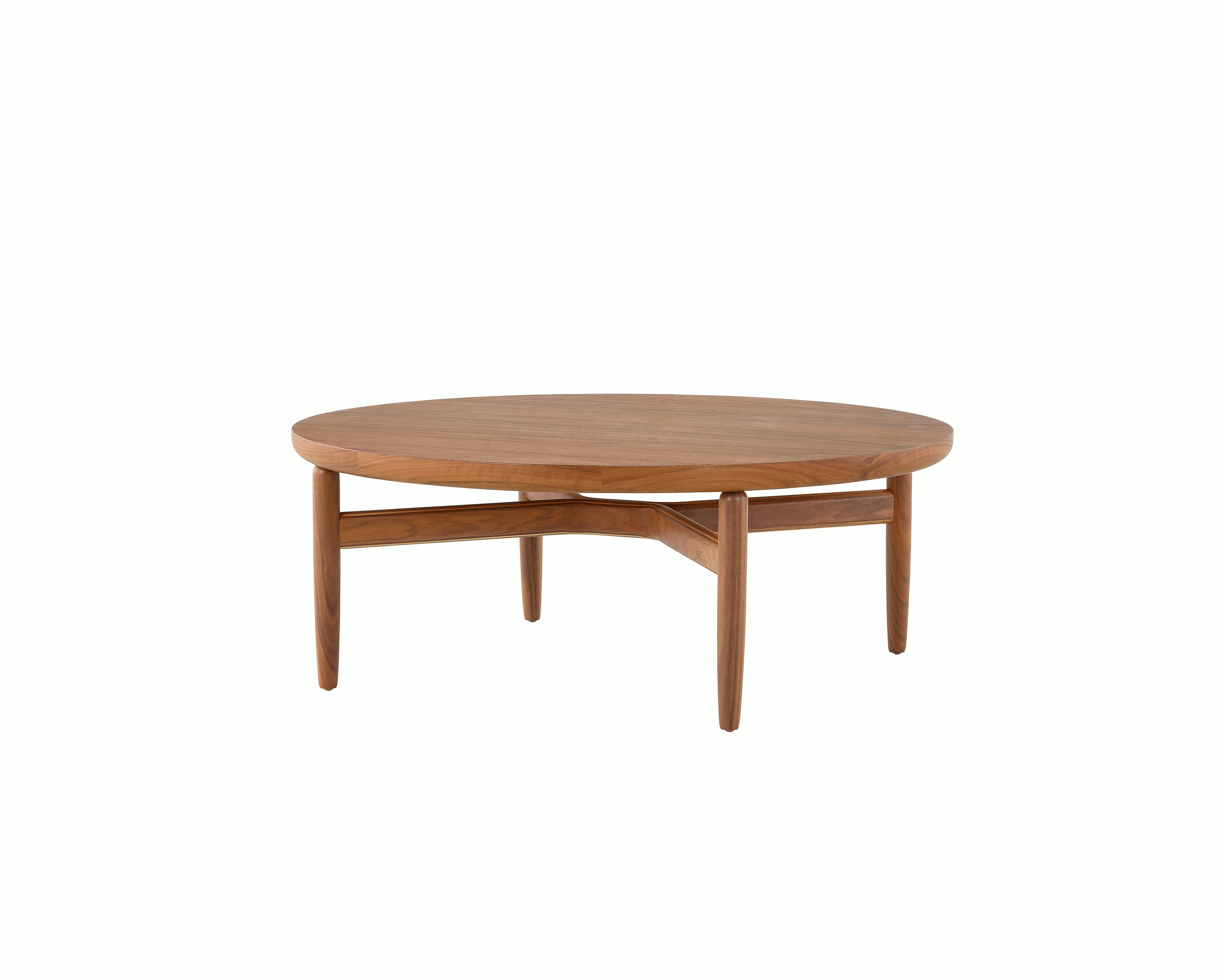 A Reframe Round Table in Walnut, viewed from a three-quarter perspective.