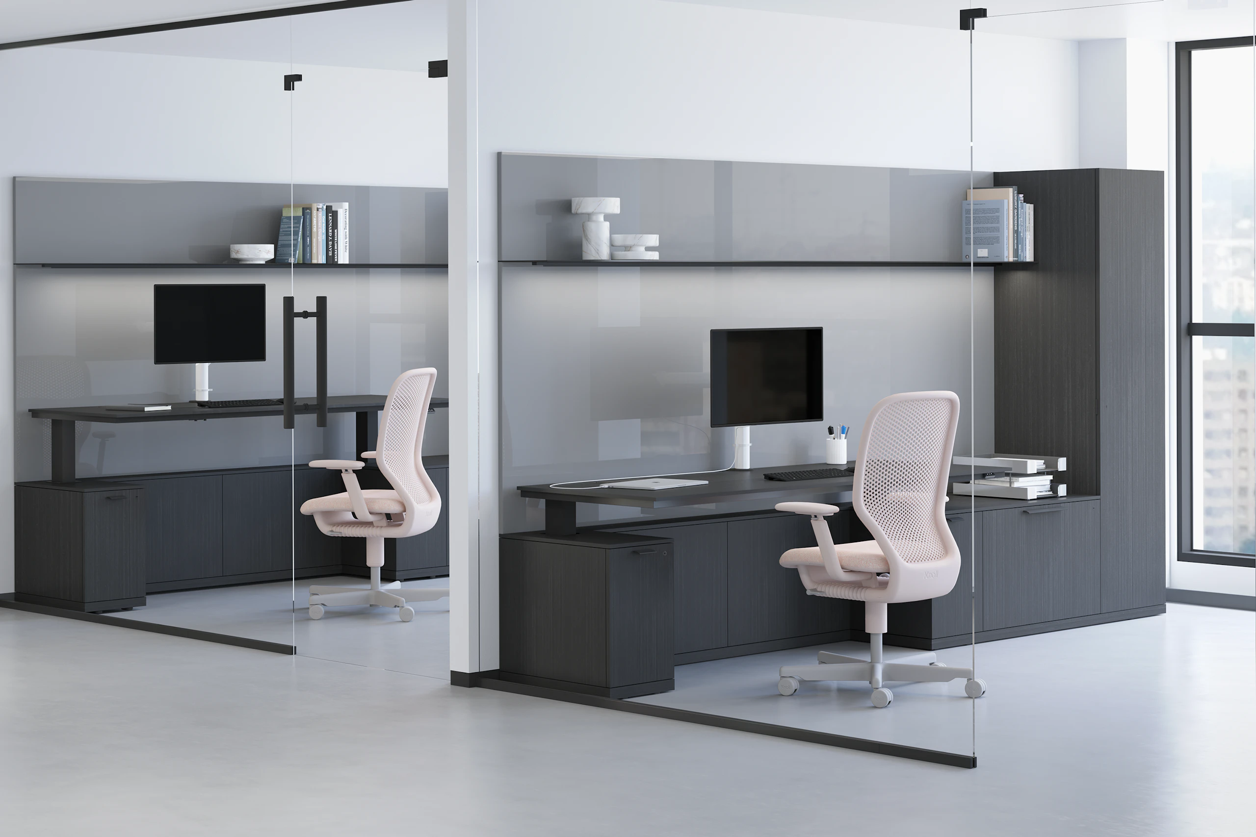 A private office featuring a height-adjustable table, workwall, shelf and credenzas in a dark brown premium wood veneer finish.