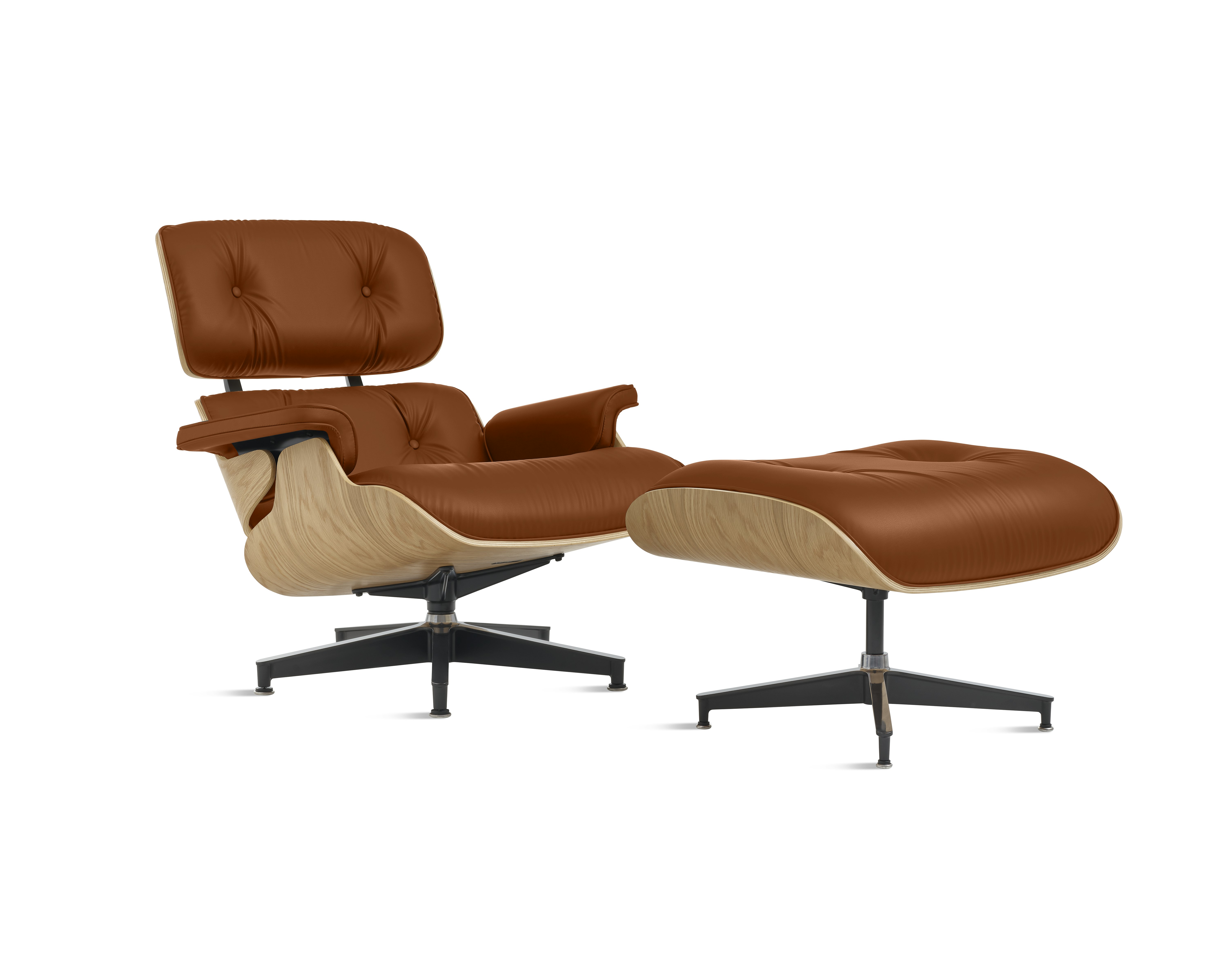 Eames Lounge & Ottoman,  3/4 View - White Oak - All Grain,  Whiskey