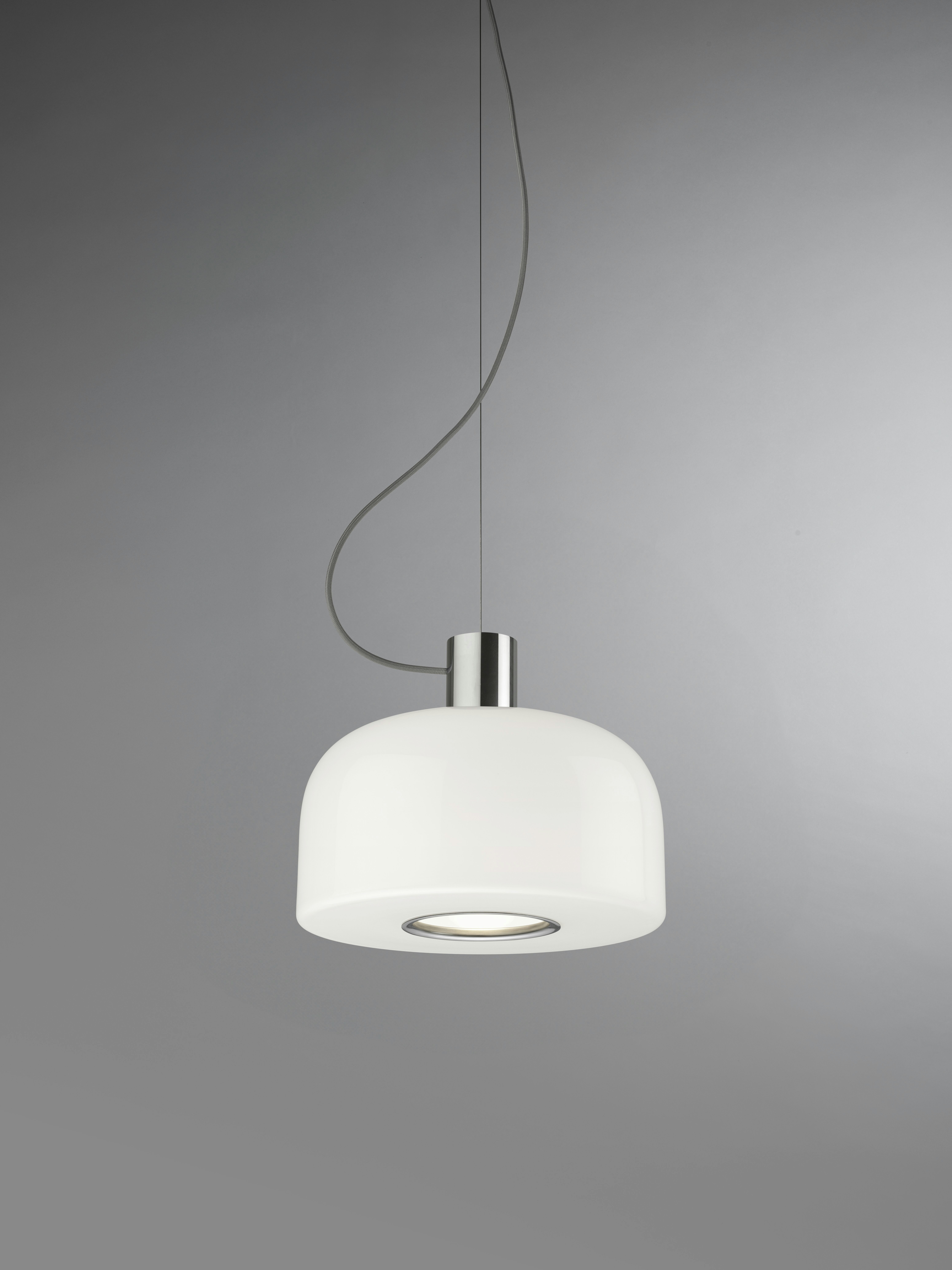 A Bellhop Glass Pendant in bright aluminum viewed from the front