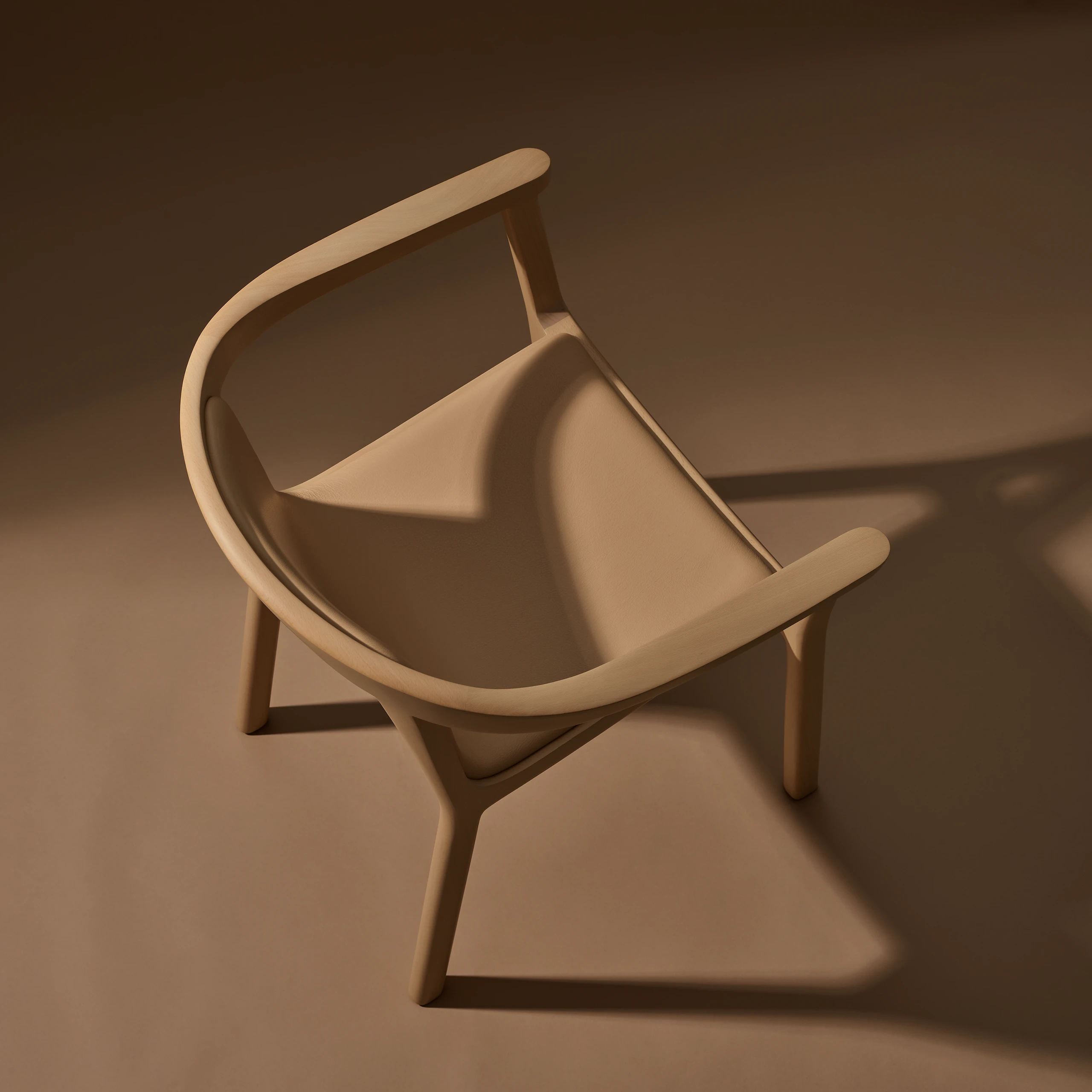 Lijn Armchair by Carole Baijings for Geiger in Light Beech frame upholstered with Maharam Prone Leather in Balsa, detail shot on a neutral background.