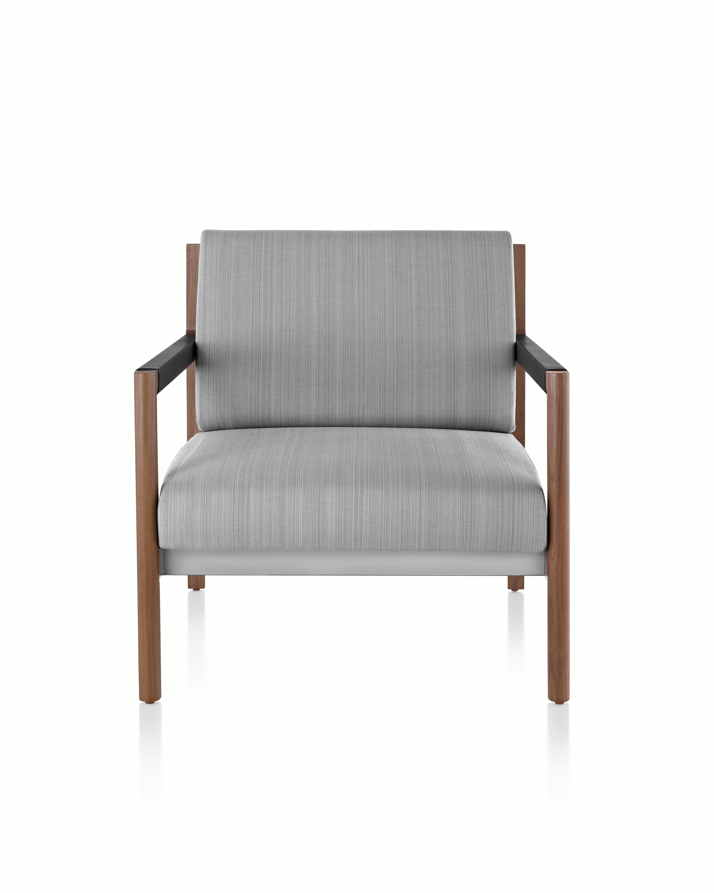 A Brabo Club Chair with light gray upholstery, leather and metal accents, and an exposed wood frame. Viewed from the front.
