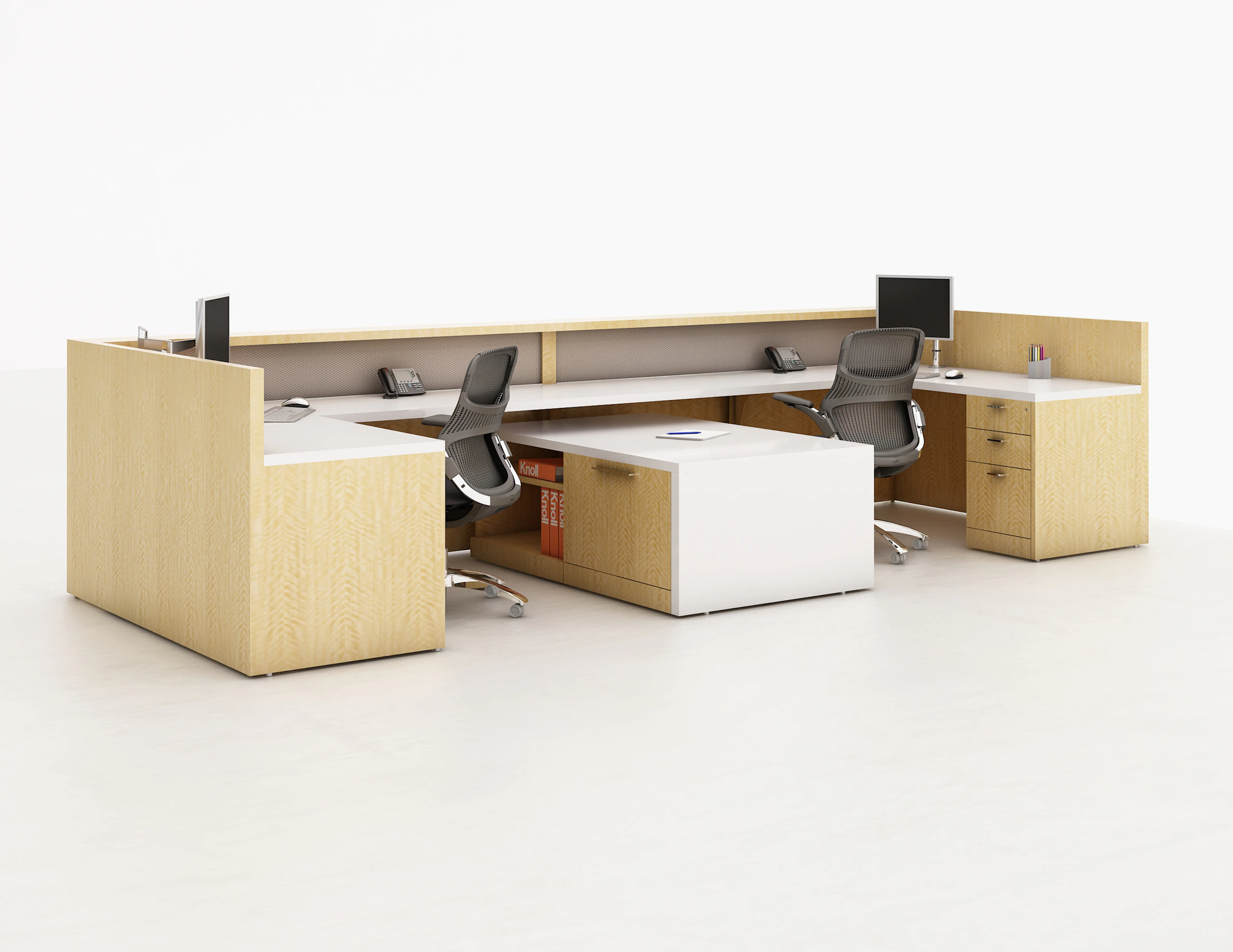 Administrative double stations interior view transaction top technology island box file configuration with single common front