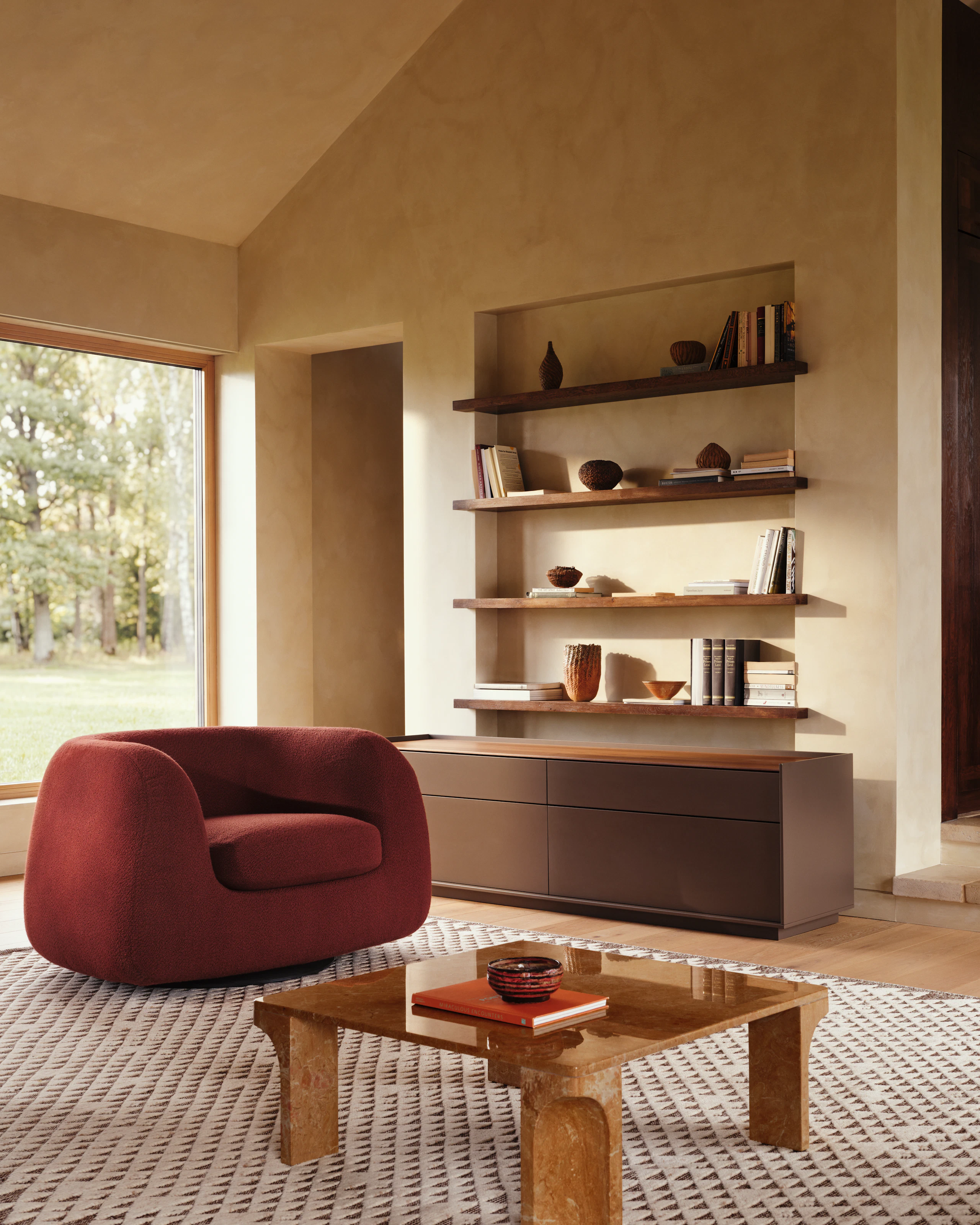 Americano Swivel Chair in Paprika boucle with Doric Coffee Table