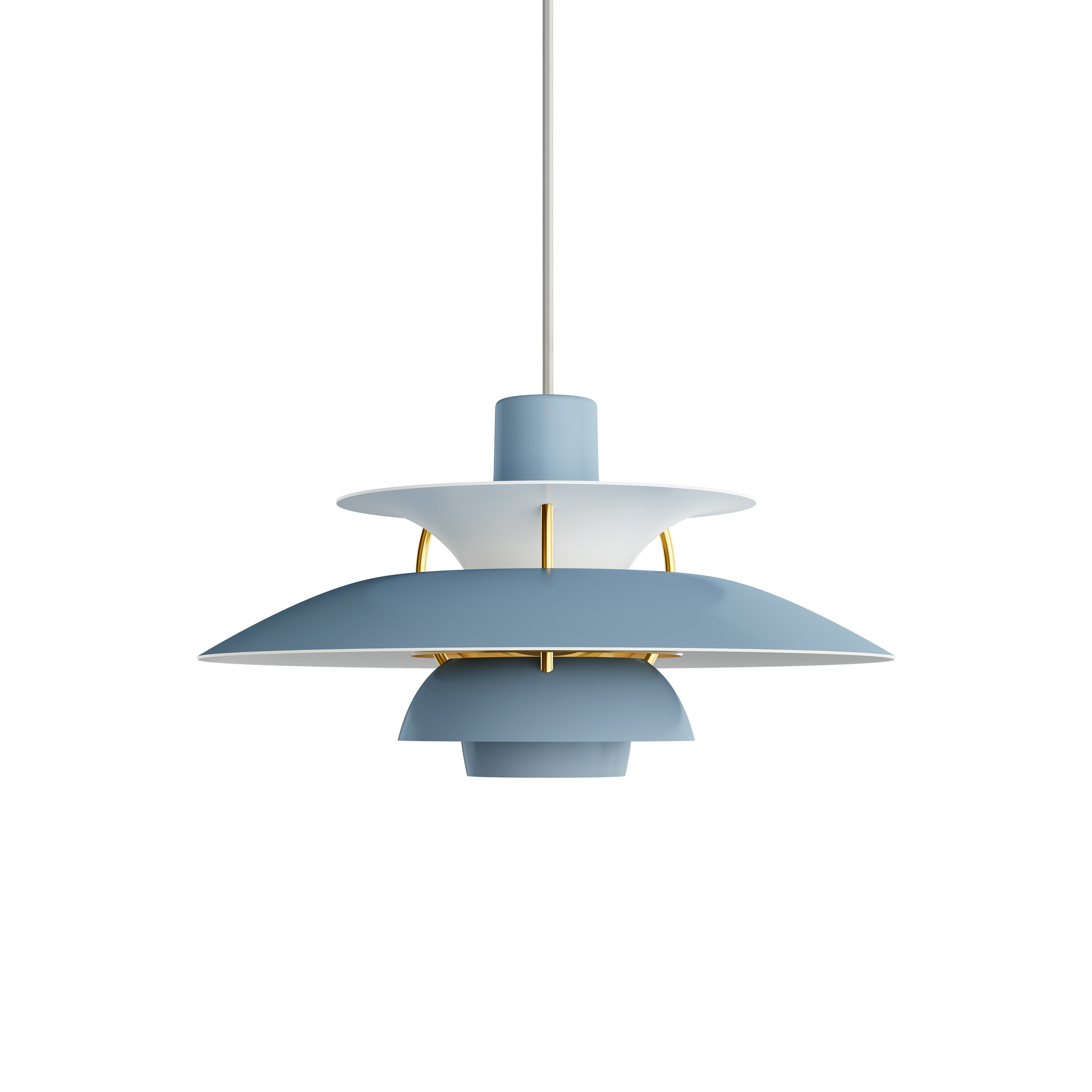 A PH5 Pendant Lamp in Mini, Smokey Blue / Brass viewed from the front.