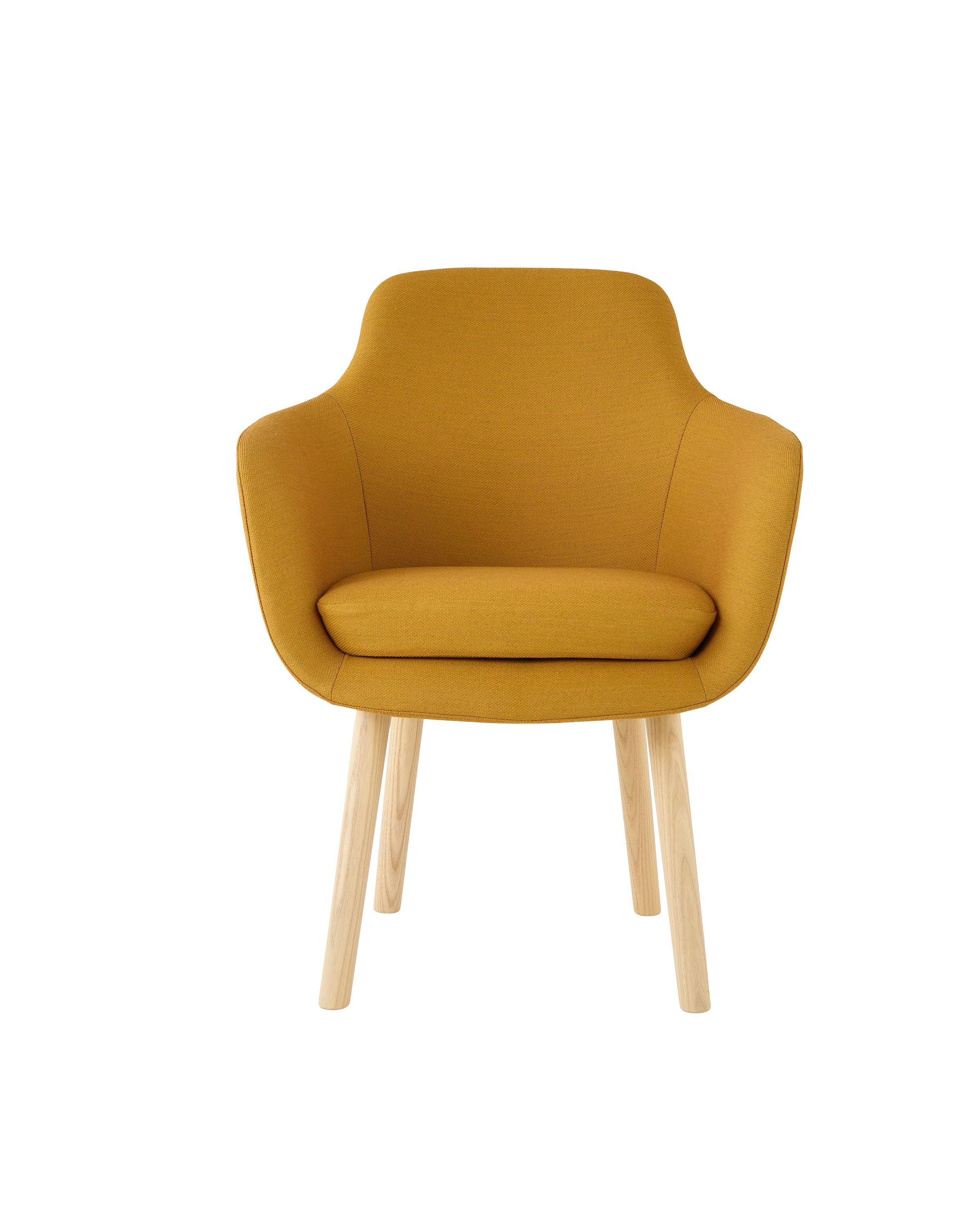 A Saiba Side Chair with yellow upholstery and light wood legs, viewed from the front.