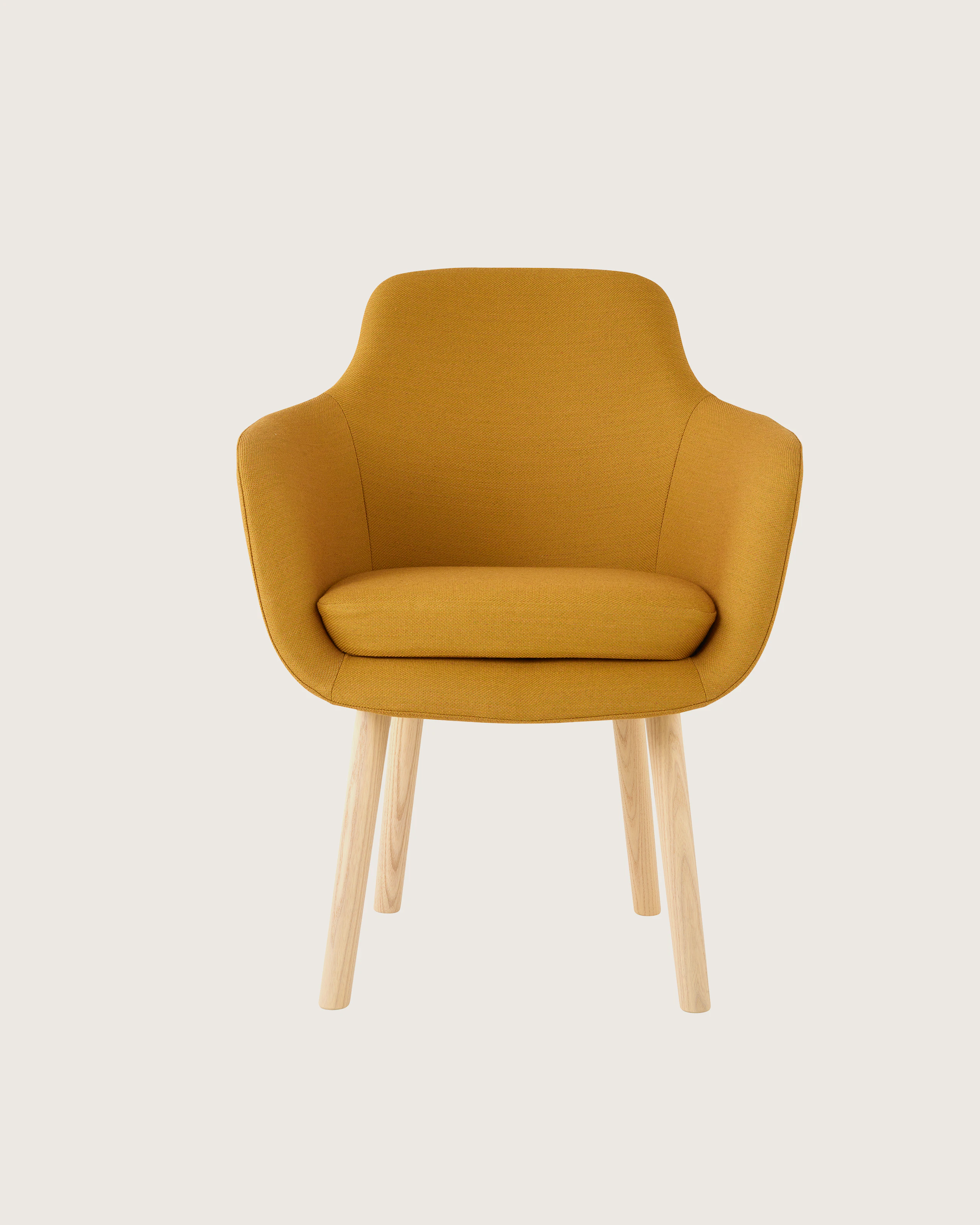 A Saiba Side Chair with yellow upholstery and light wood legs, viewed from the front.