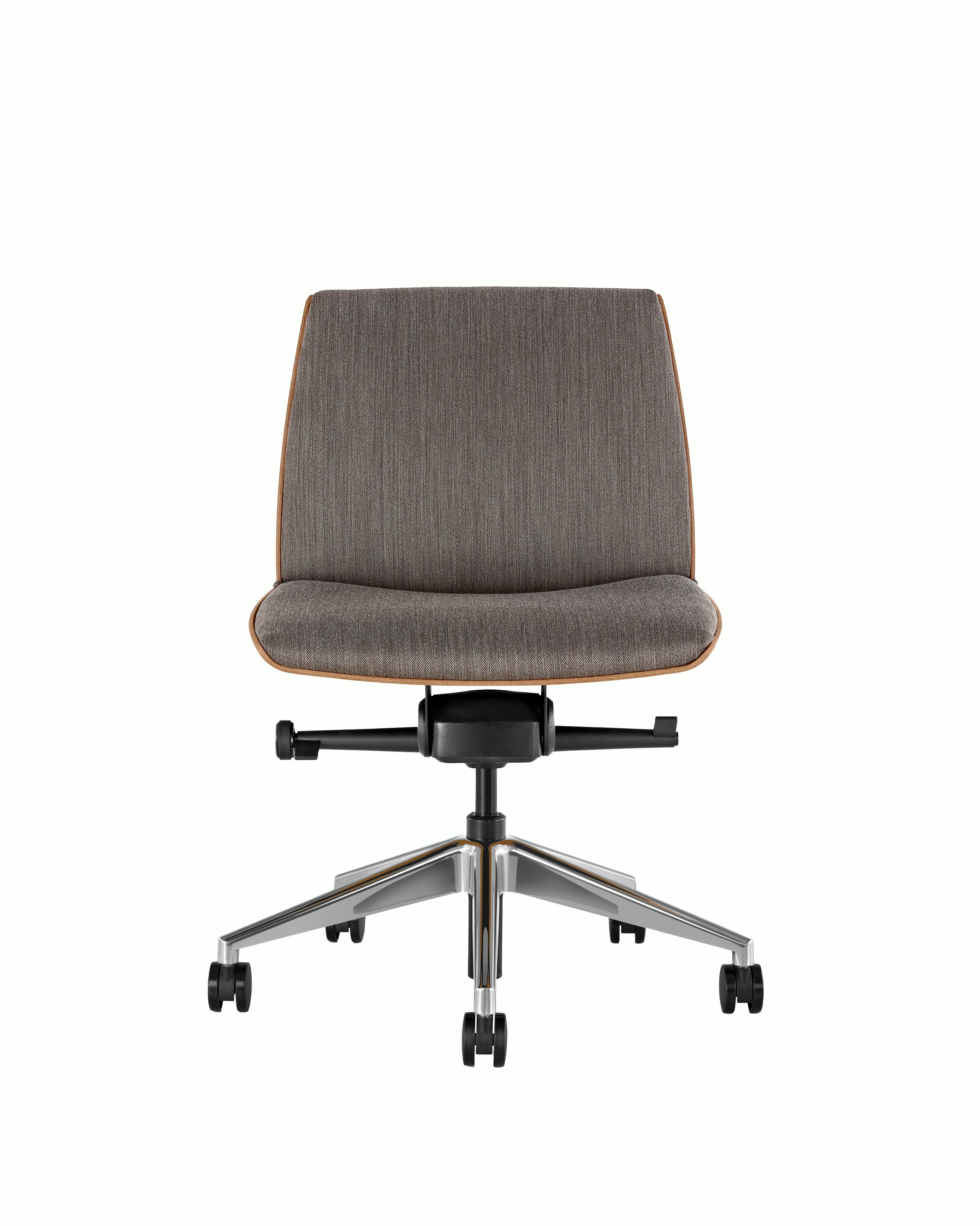 Angle view of a low-back Clamshell office chair with dark gray upholstery, a walnut shell, with arms.