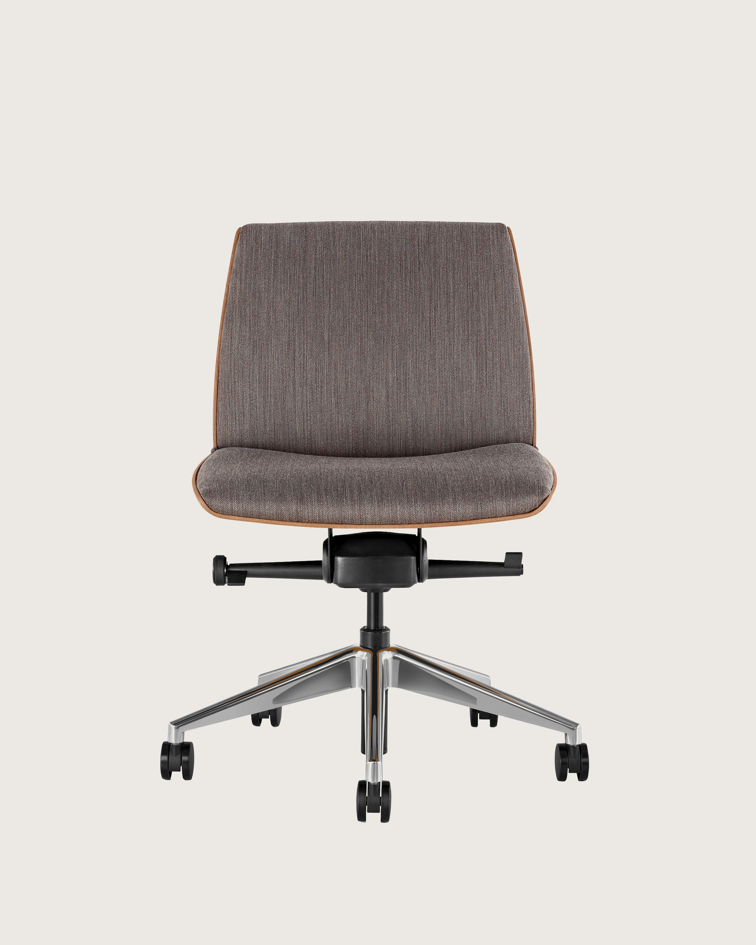 Angle view of a low-back Clamshell Conference chair with dark gray upholstery, a walnut shell, with arms.