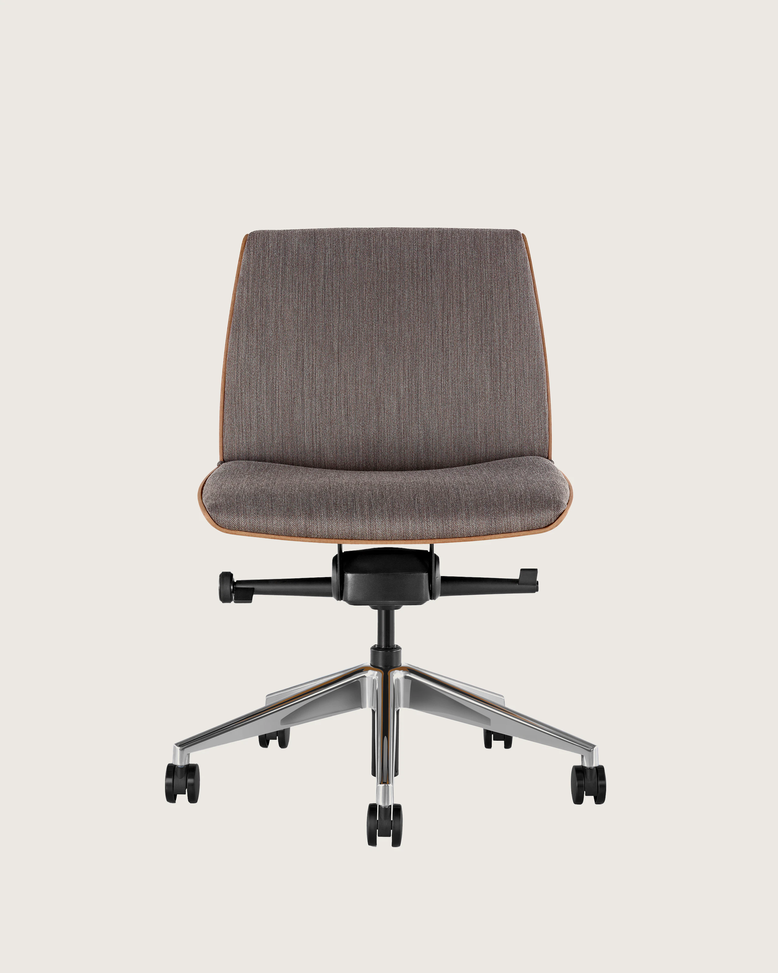Angle view of a low-back Clamshell office chair with dark gray upholstery, a walnut shell, with arms.