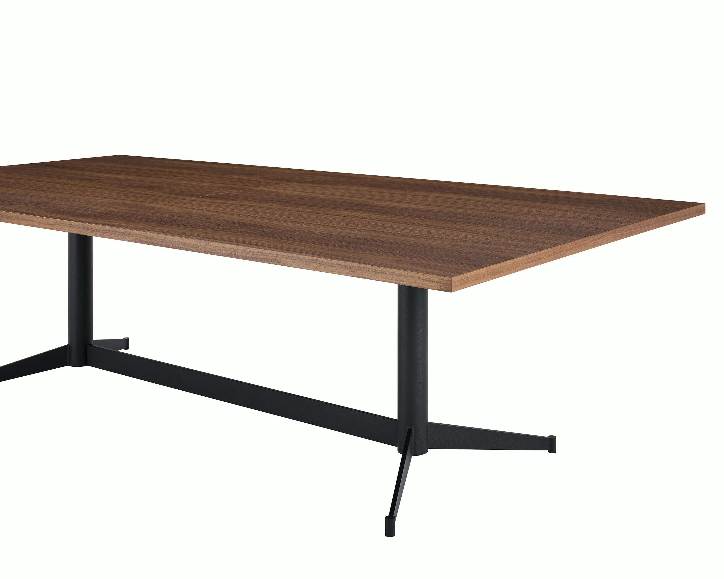 MP Table designed by Amir Paknya for Geiger in Natural Flat Cut Walnut with a Matte Black base shown on a white sweep, angled view of edge.