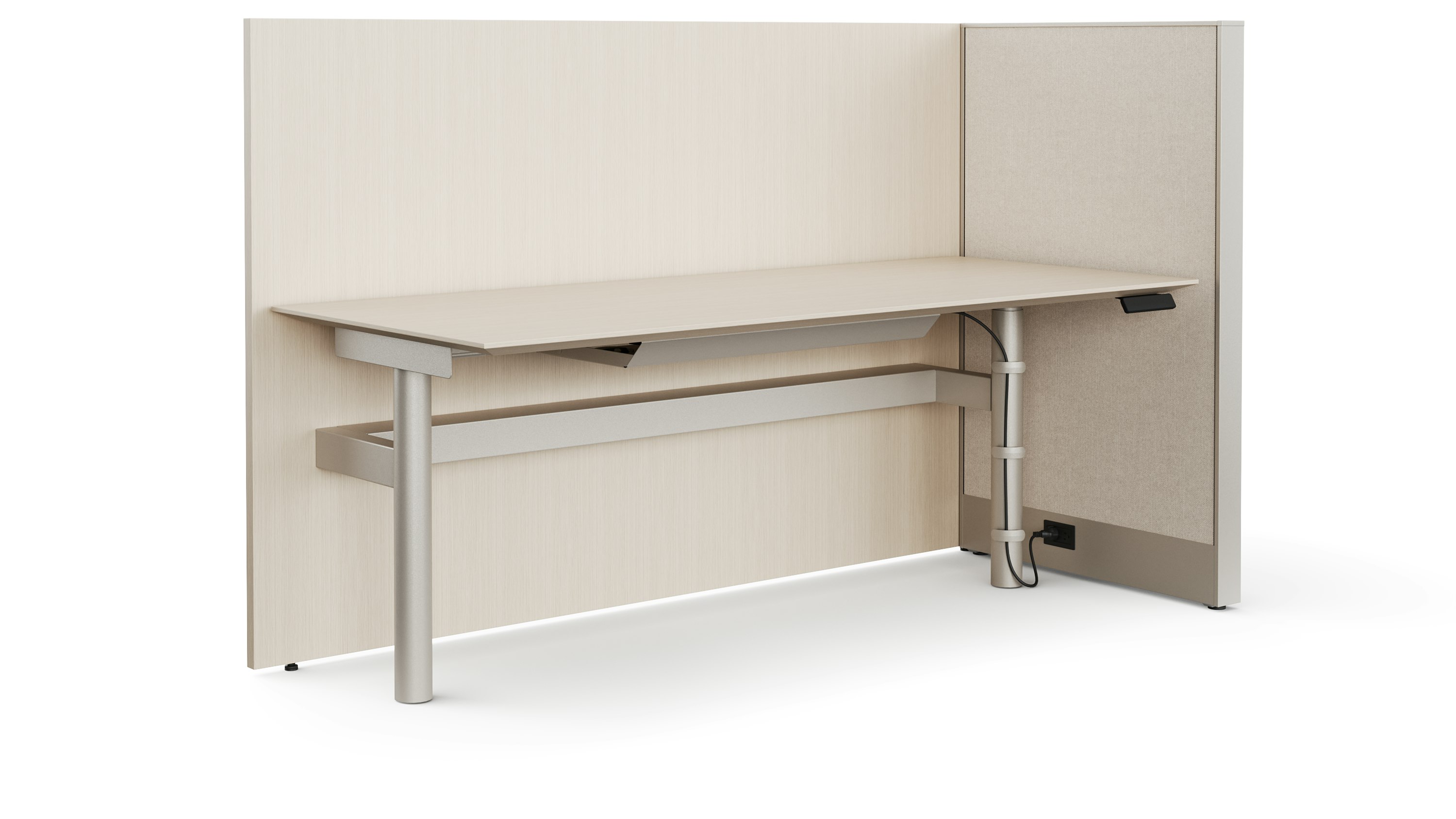 A rendering of a height adjustable table is viewed at an angle with a gallery panel along the back of the table and a system panel along one side . The finishes of all the materials are a light color.