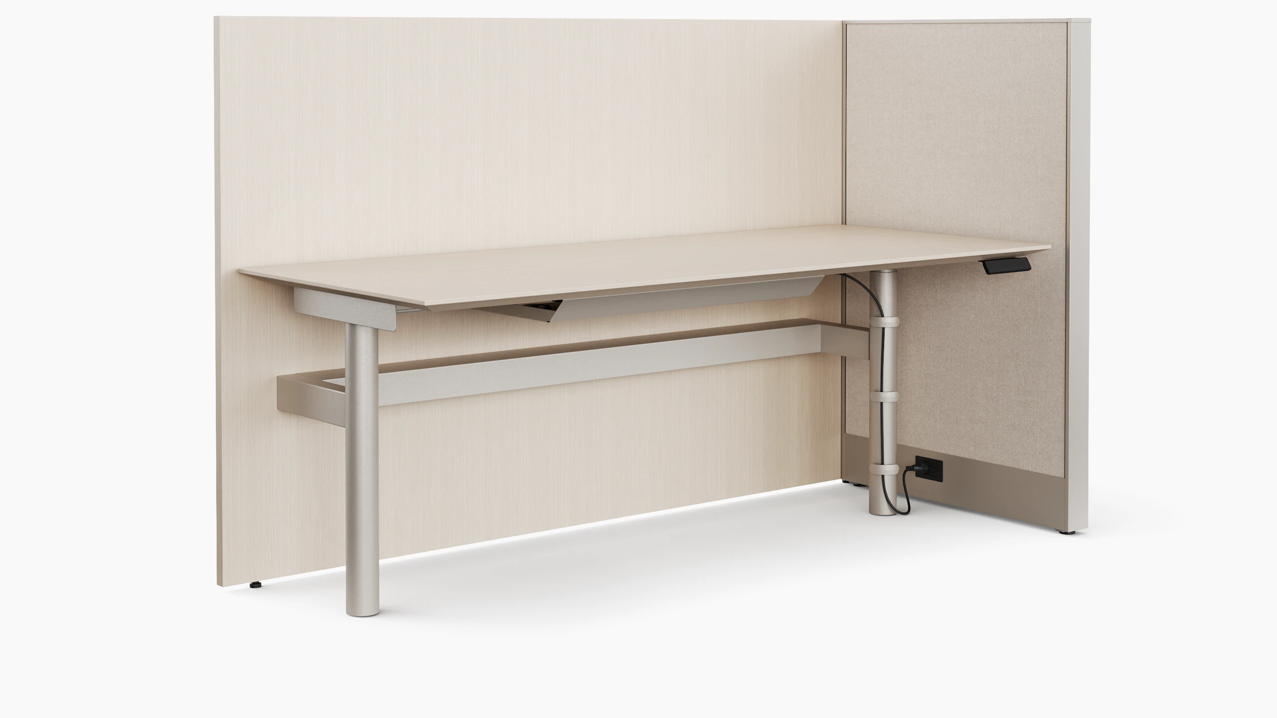 A rendering of a height adjustable table is viewed at an angle with a gallery panel along the back of the table and a system panel along one side . The finishes of all the materials are a light color.