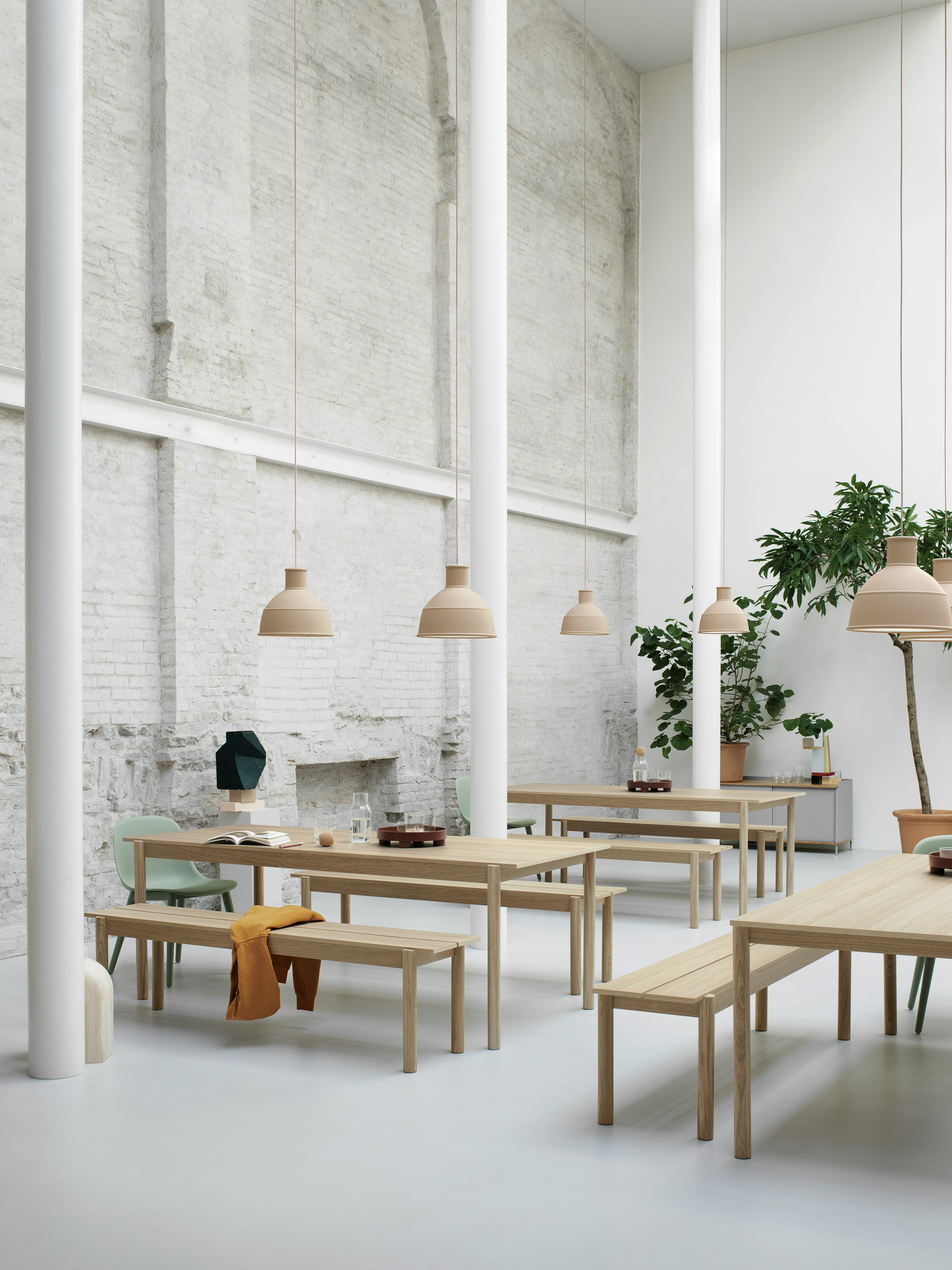 Linear Wood Bench 170 x 34 cm / 66.9 x 13.4", Linear Wood Table 200 x 90 cm / 78.7 x 33.5"", Unfold Pendant Lamp Beige Rose, Fiber Side Chair Wood bse Dusty Green, Platform Tray Dark Red, Enfold Sideboard Low Oak/Grey"