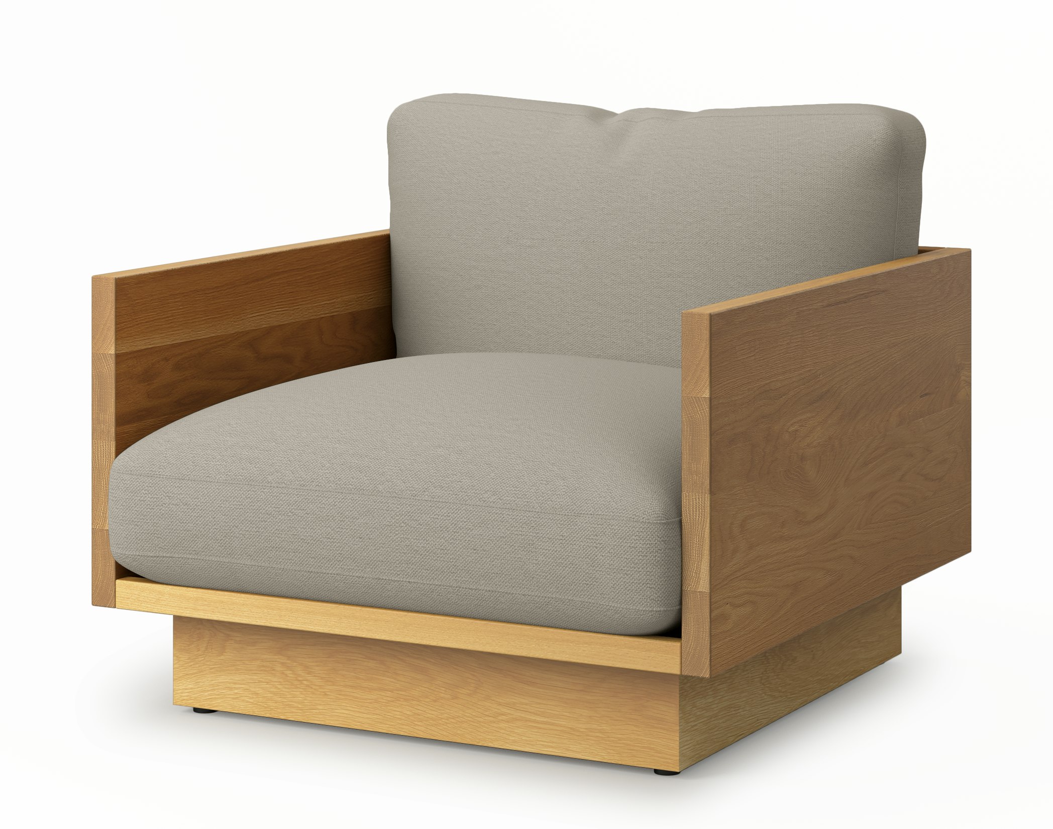 A Pawson Drift Lounge Chair in Album Linen, Wisp, White Oak viewed from an angle.