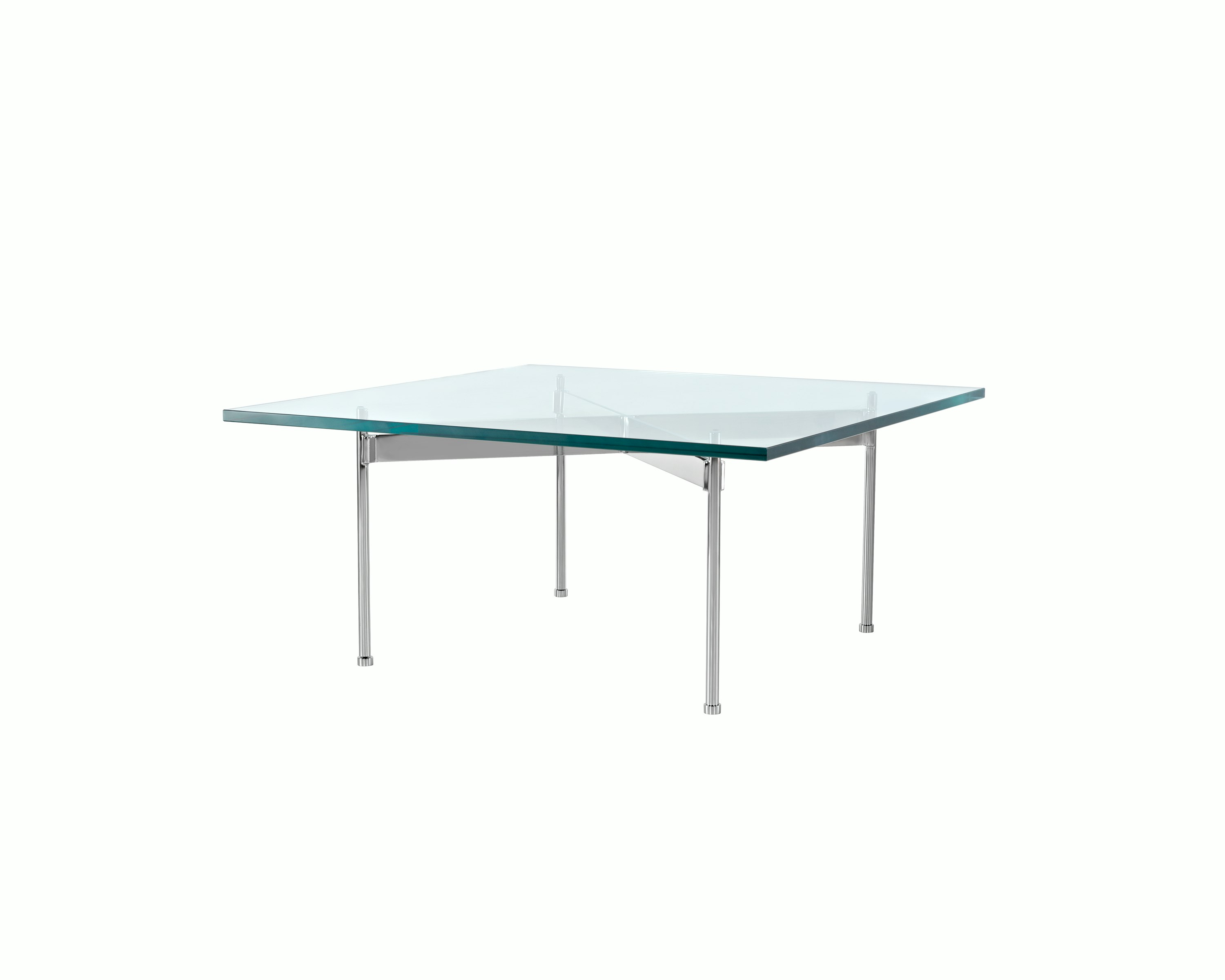 A square Claw occasional table with a glass top, metal cross brace, and four legs, viewed at an angle.
