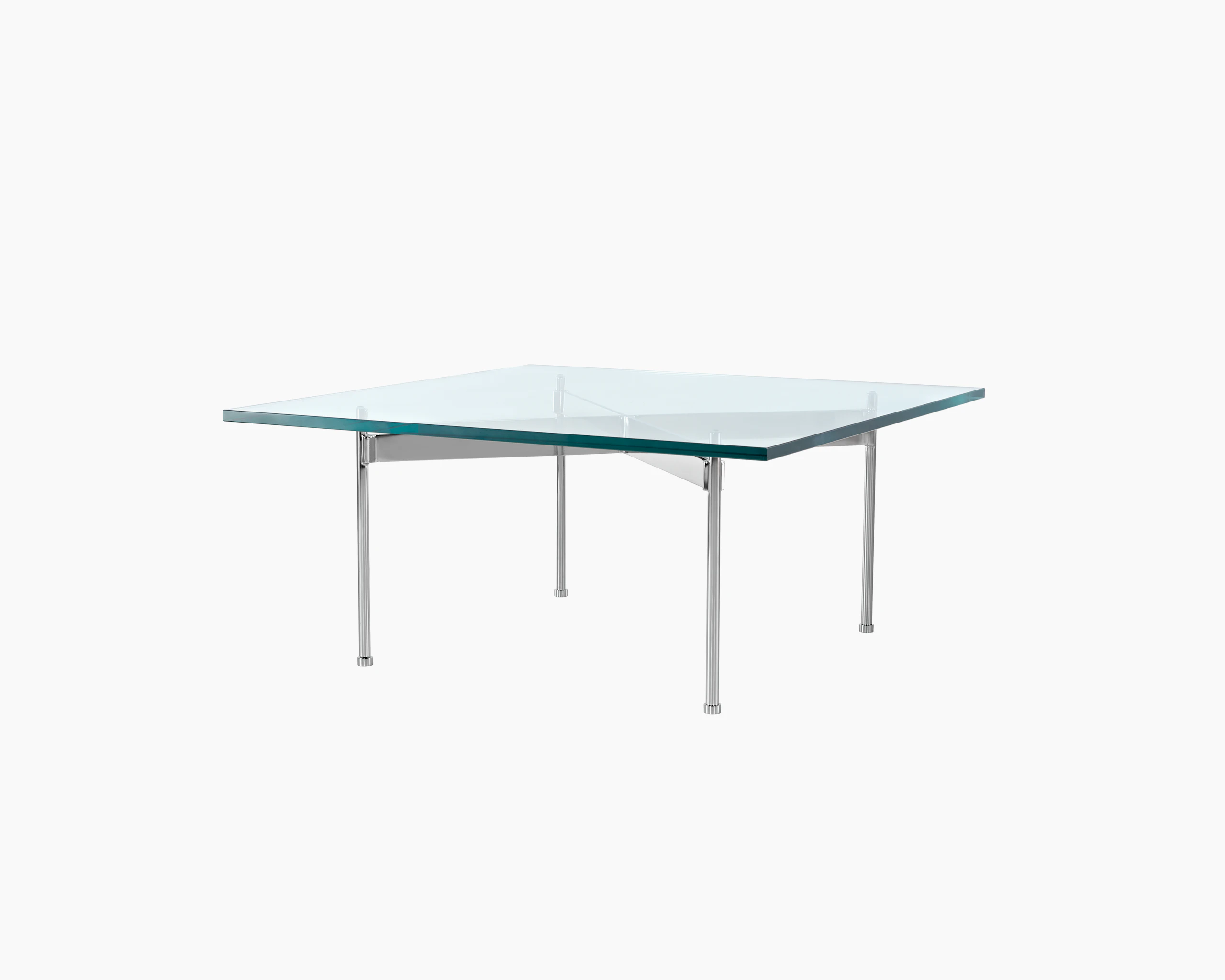 A square Claw occasional table with a glass top, metal cross brace, and four legs, viewed at an angle.