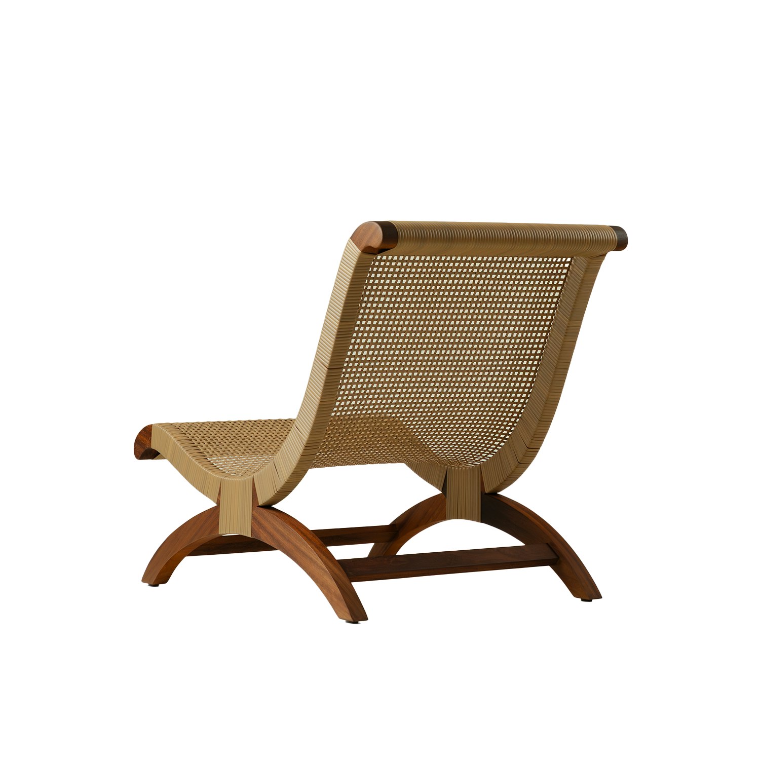 A Butaque Clasica Outdoor Lounge Chair in iroko all weather cane viewed from an angle.