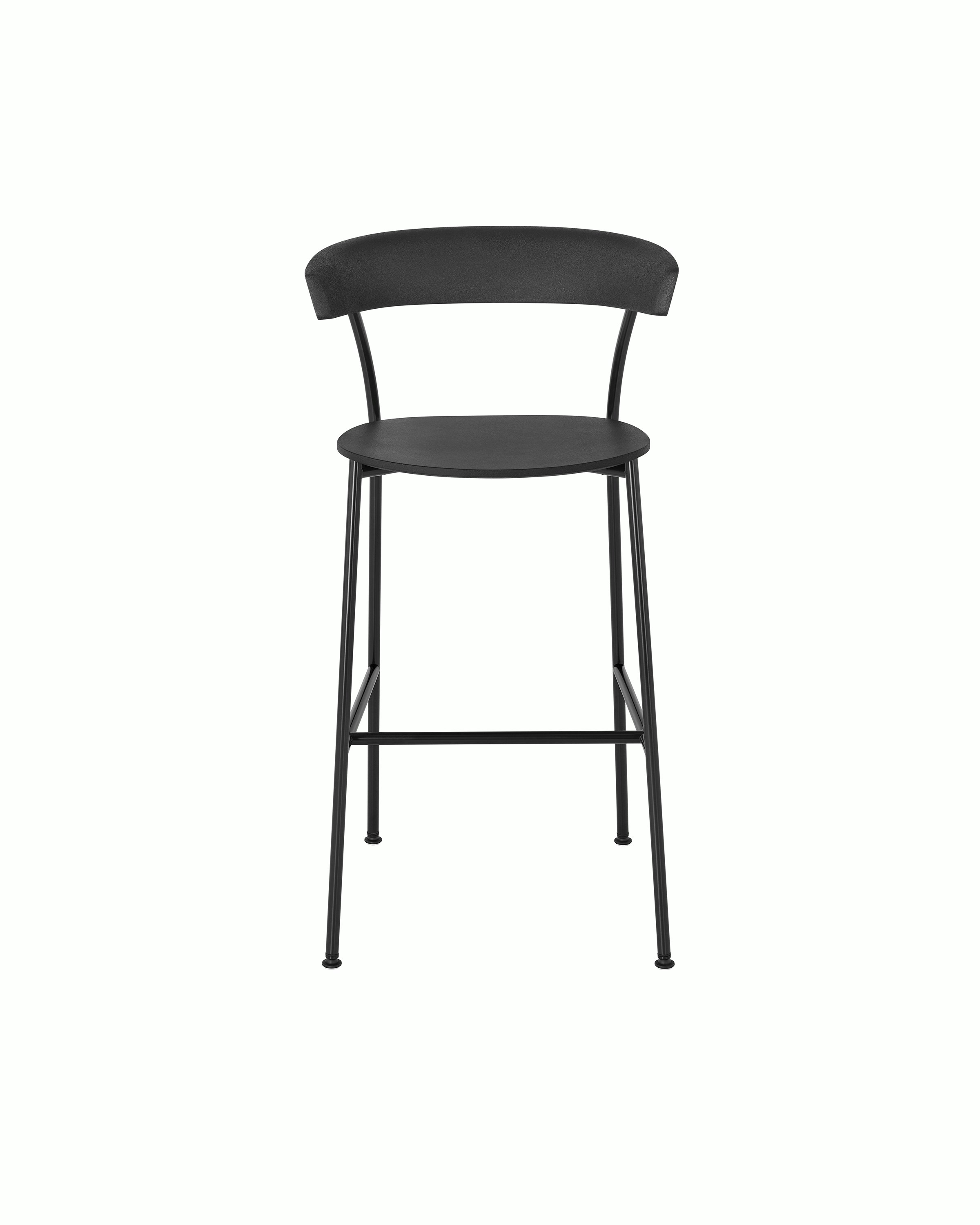 A bar-height Leeway Stool with a black metal frame and a black polyurethane backrest and seat, viewed from the front.