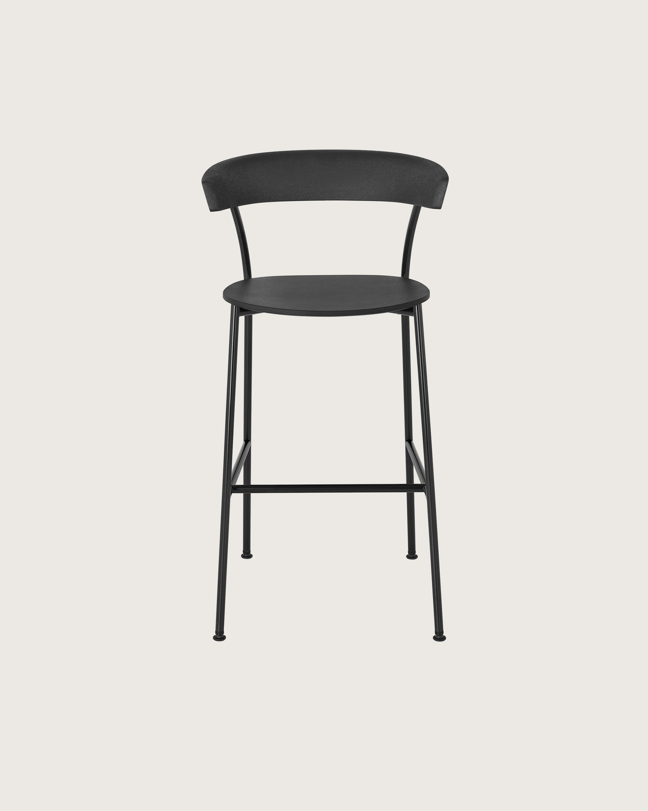 A bar-height Leeway Stool with a black metal frame and a black polyurethane backrest and seat, viewed from the front.