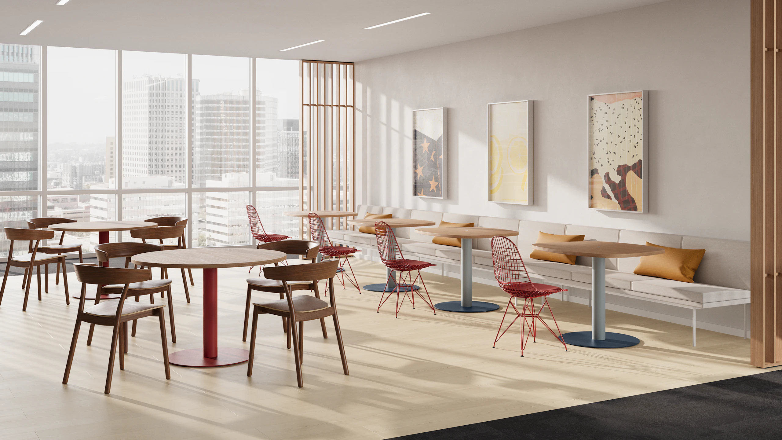 Headway Cafe Tables in a variety of colors and different top shapes located in a Cafe Setting.