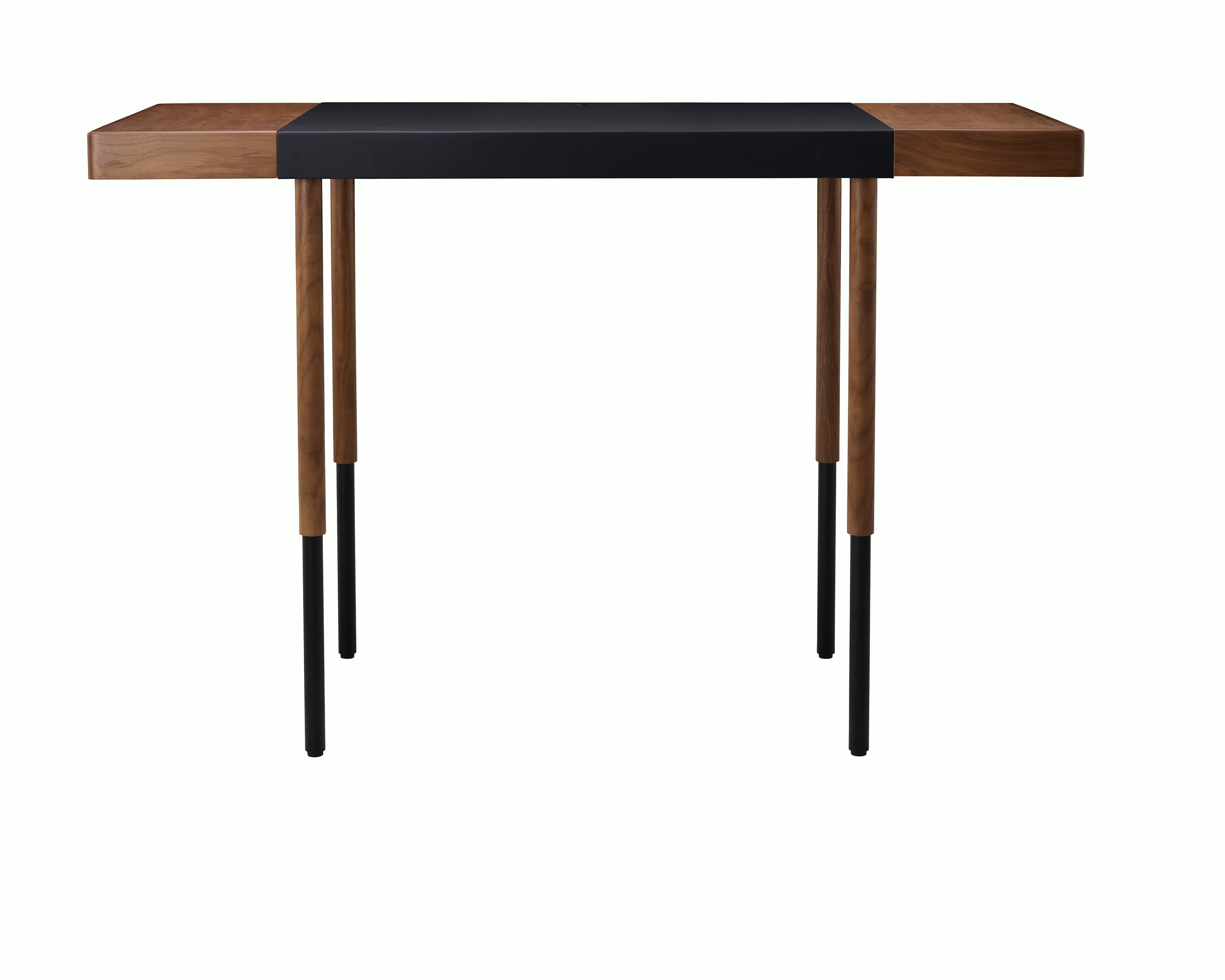 New Canaan Leatherwrap Sit-to-Stand Desk in Walnut and Black Leather, fully raised, front view.