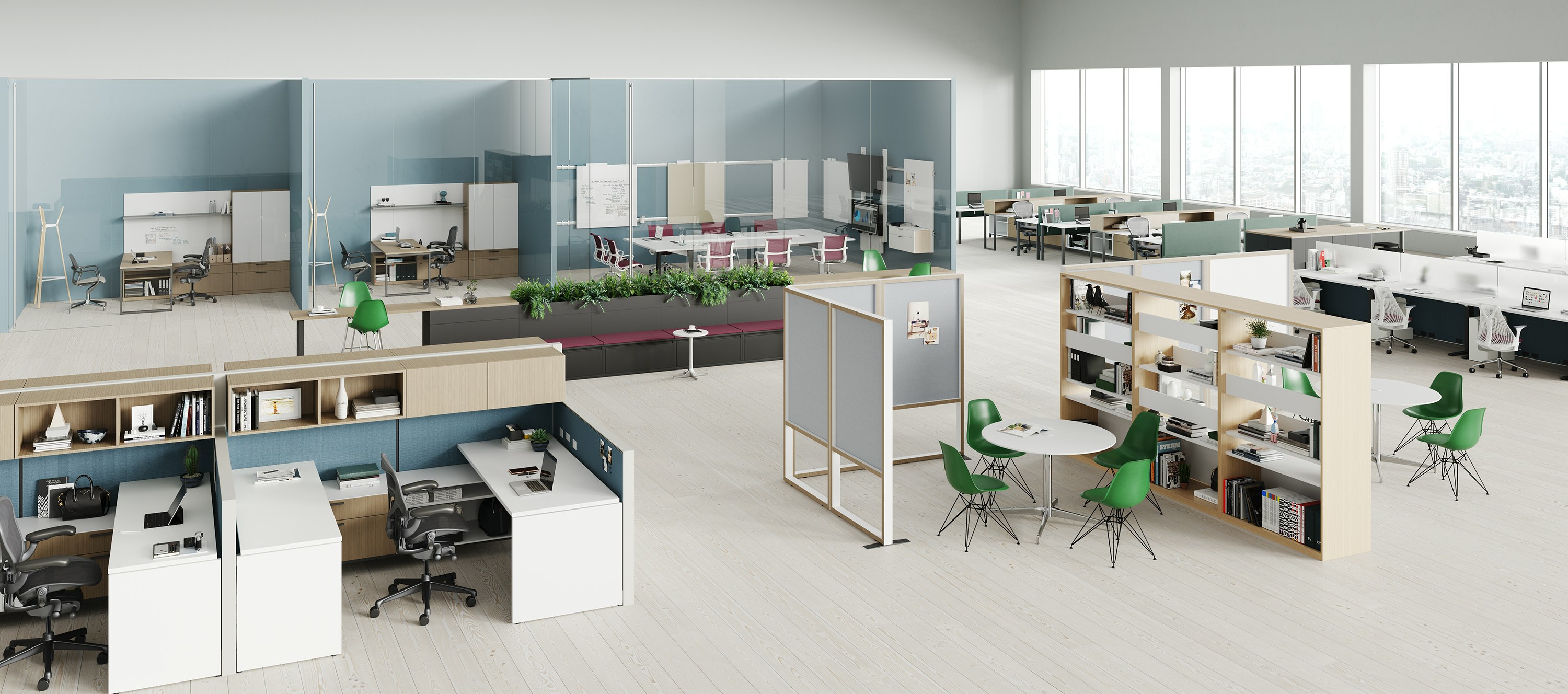 A variety of workplace settings, all created with Canvas Office Landscape.