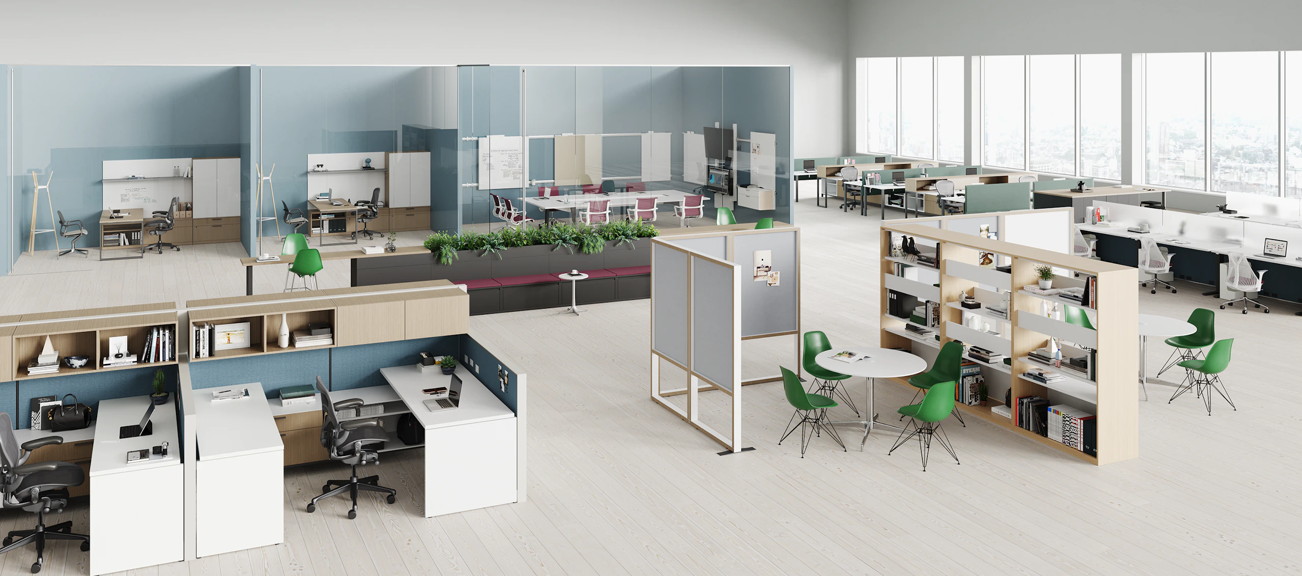 A variety of workplace settings, all created with Canvas Office Landscape.