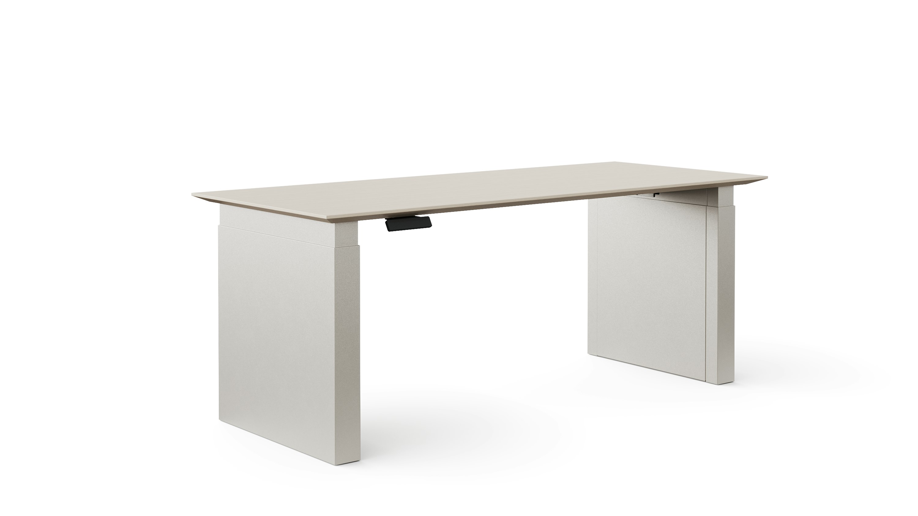 A height adjustable table with shrouded legs is shown in dark finishes.