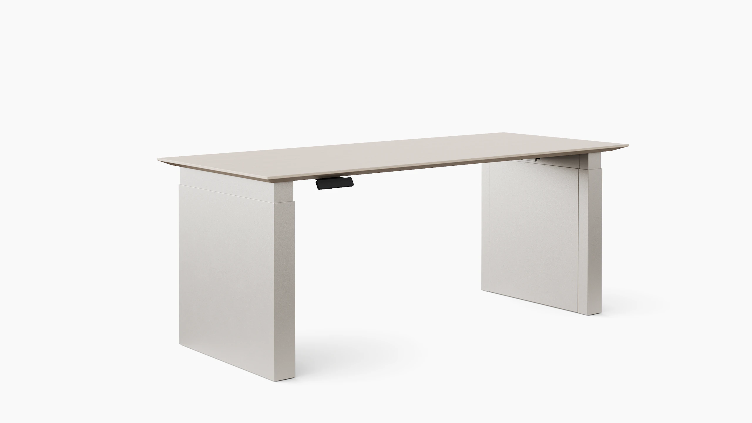 A height adjustable table with shrouded legs is shown in dark finishes.