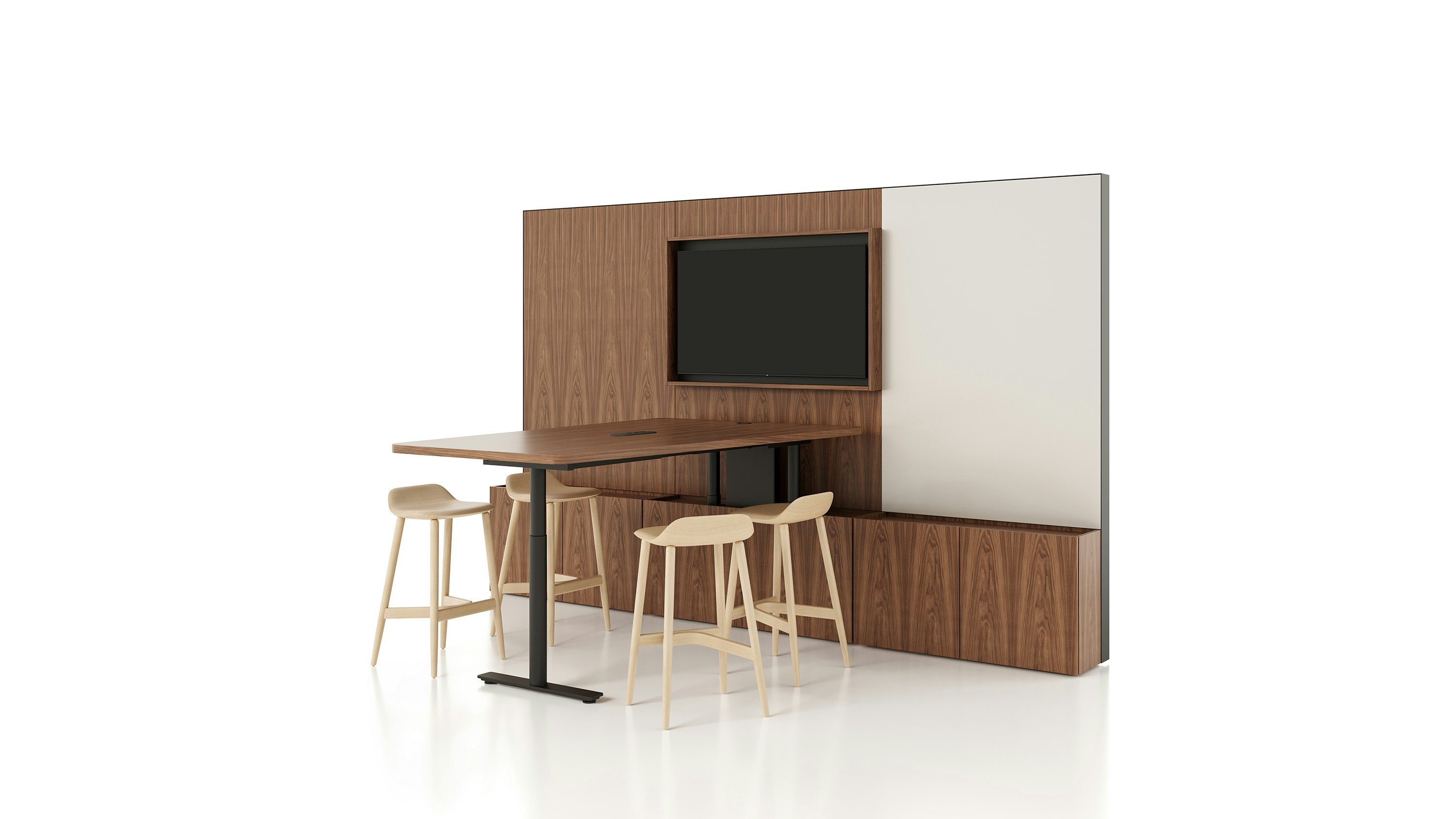 Geiger One Meeting and Huddle Room Whitesweep Rendering in Natural Walnut.