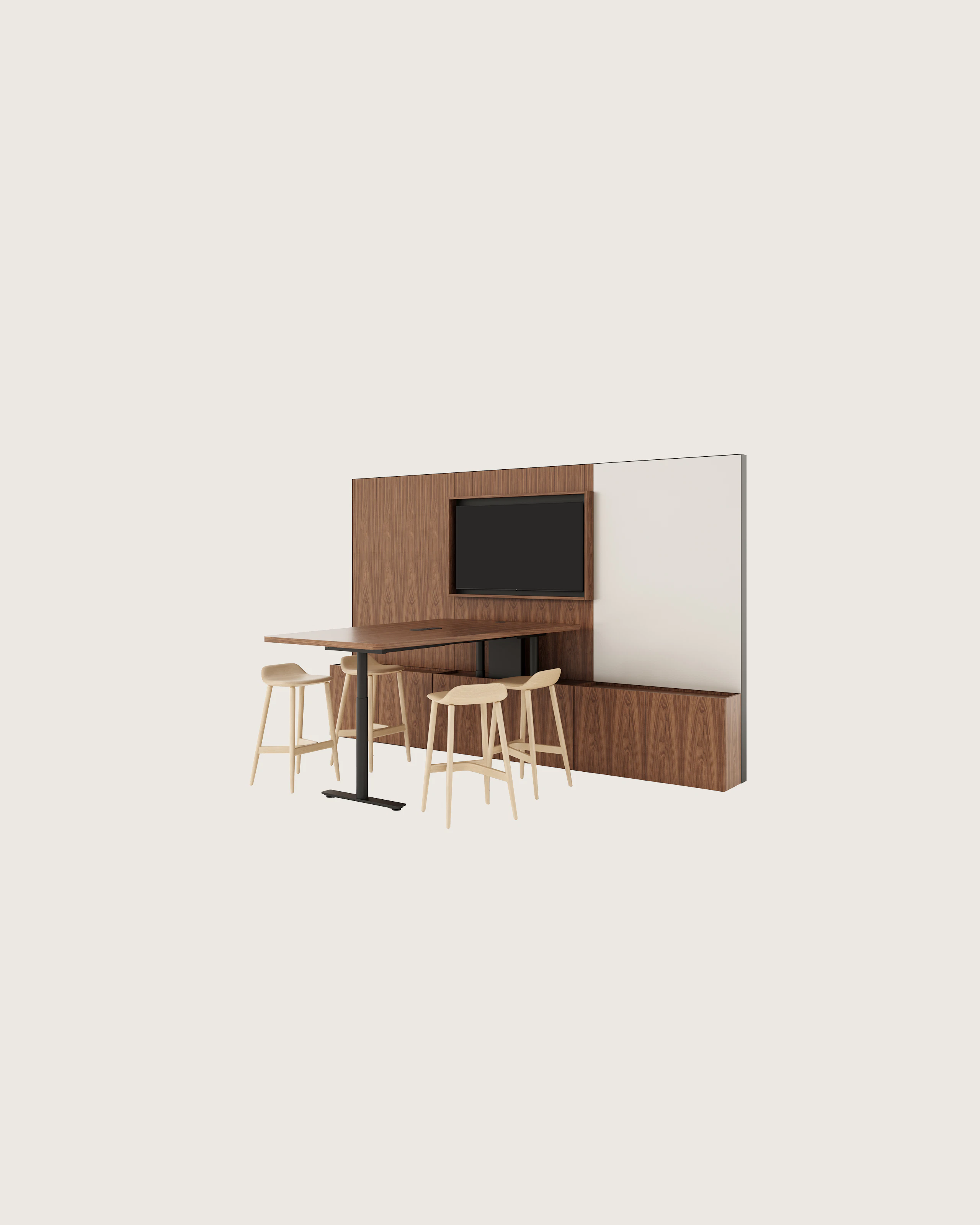 Geiger One Meeting and Huddle Room Whitesweep Rendering in Natural Walnut.
