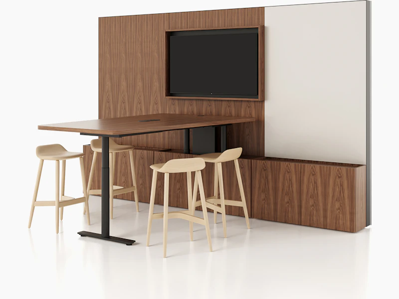 Geiger One Meeting and Huddle Room Whitesweep Rendering in Natural Walnut.