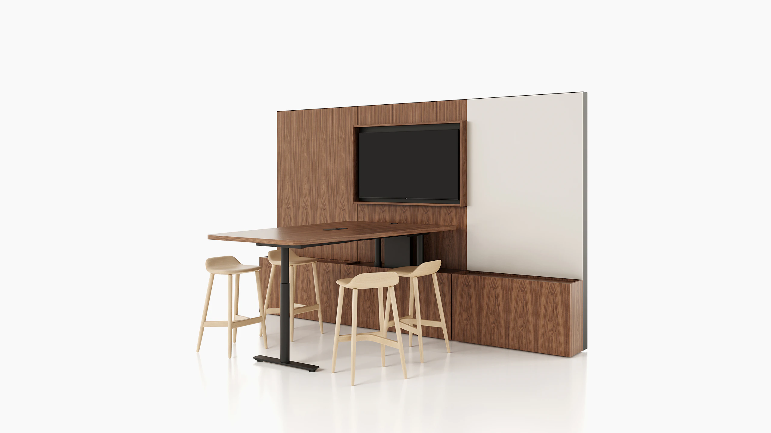 Geiger One Meeting and Huddle Room Whitesweep Rendering in Natural Walnut.