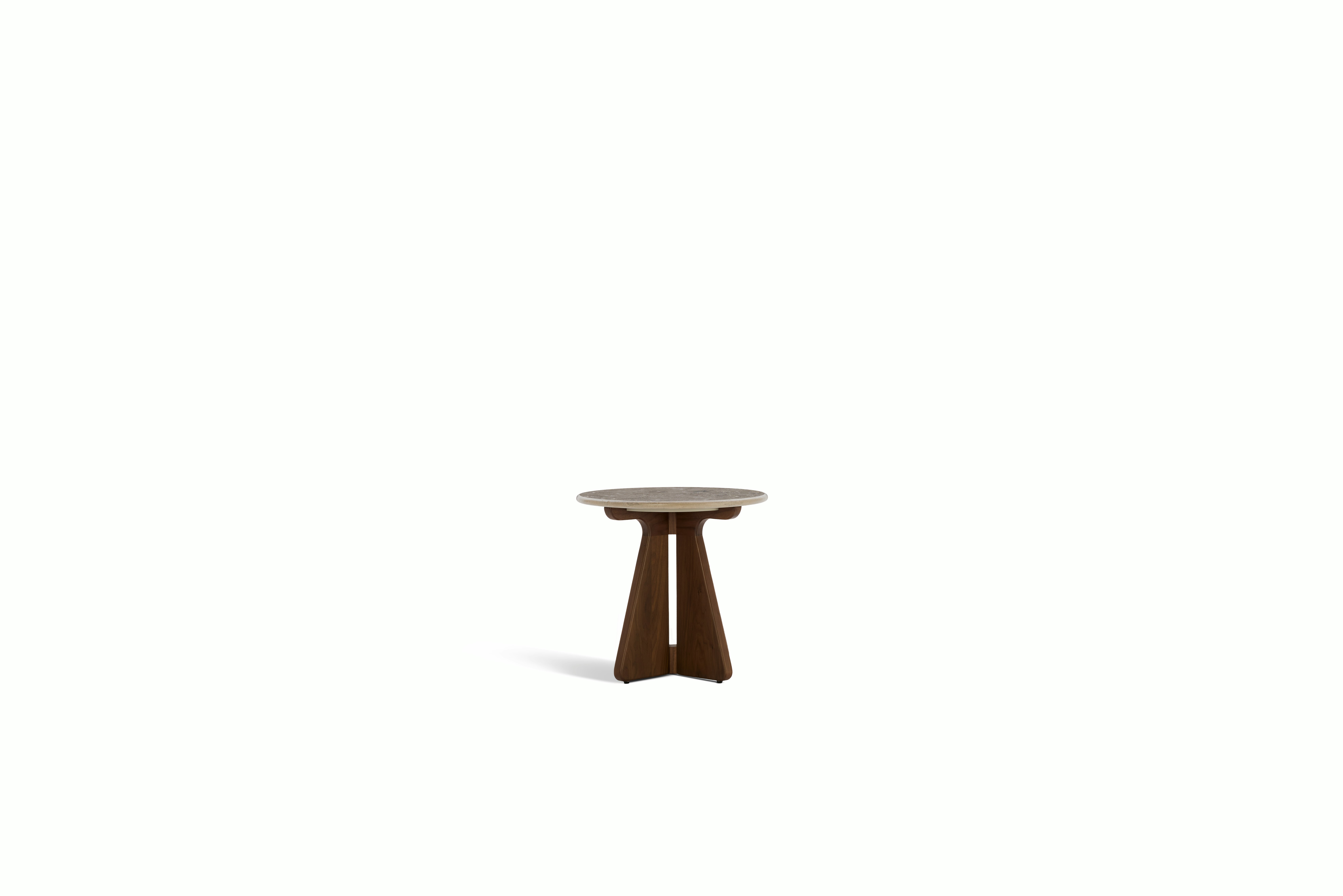 A Pinna Side Table in Jura Blau Walnut viewed from an angle.