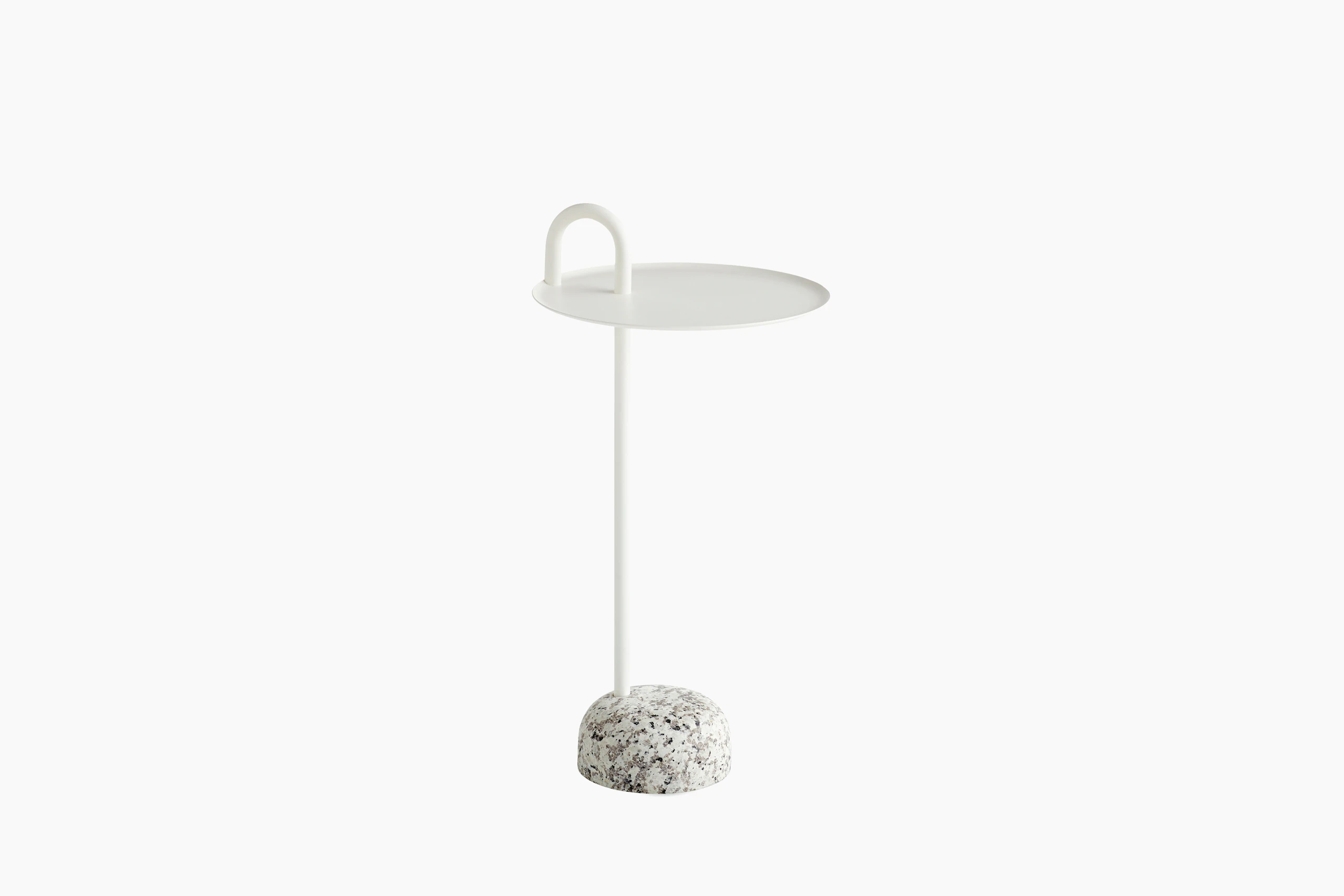 A front view of the Bowler Side Table in white with a granite base.