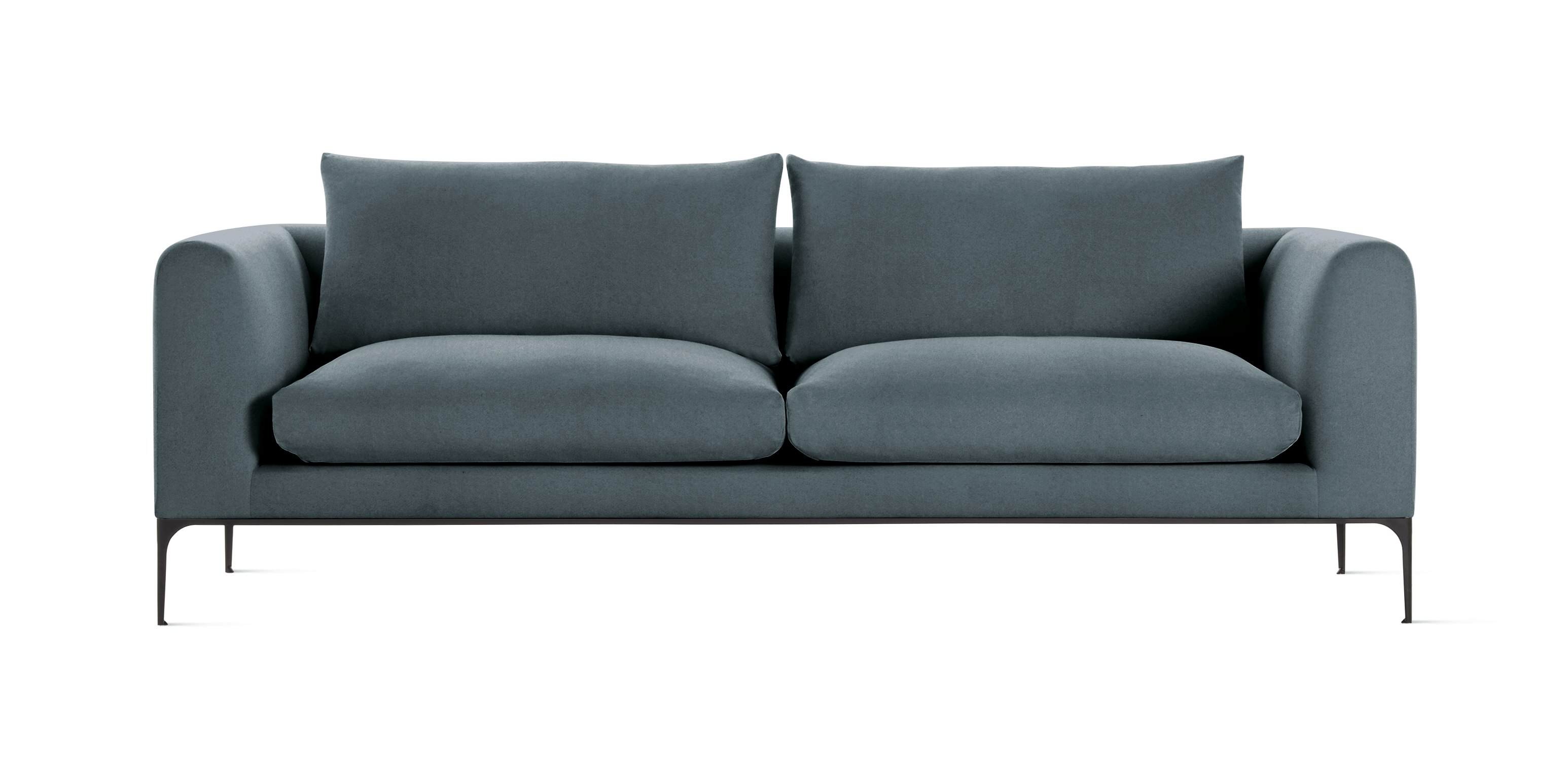 A Jonas Sofa in Metaphor, Crossroad with Black finish viewed from the front.