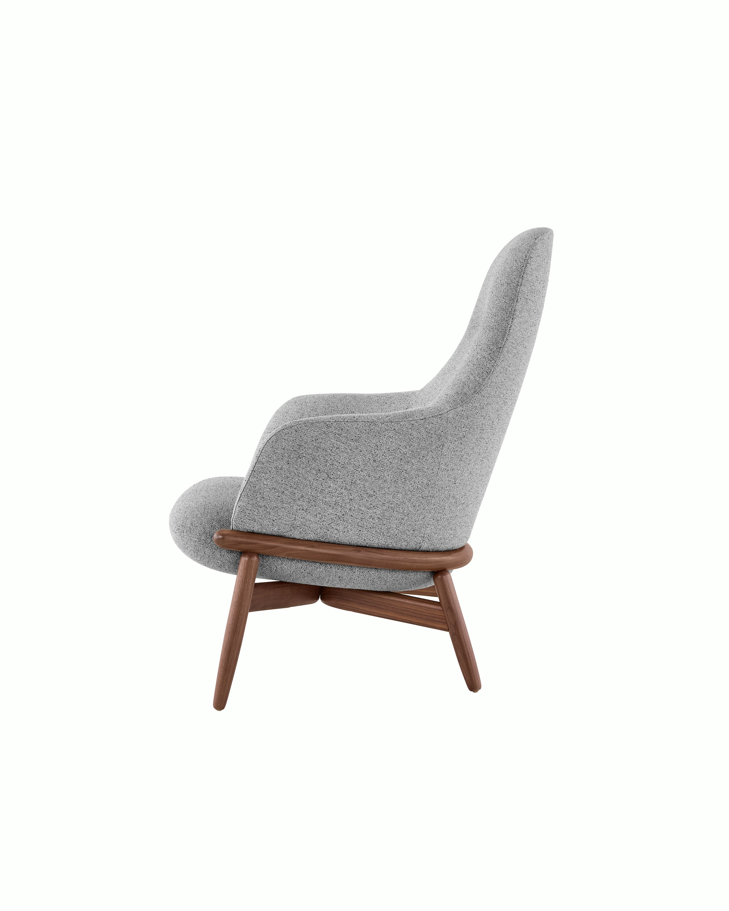 Side view of a high-back Reframe lounge chair with light gray upholstery and a wood frame in a medium finish.