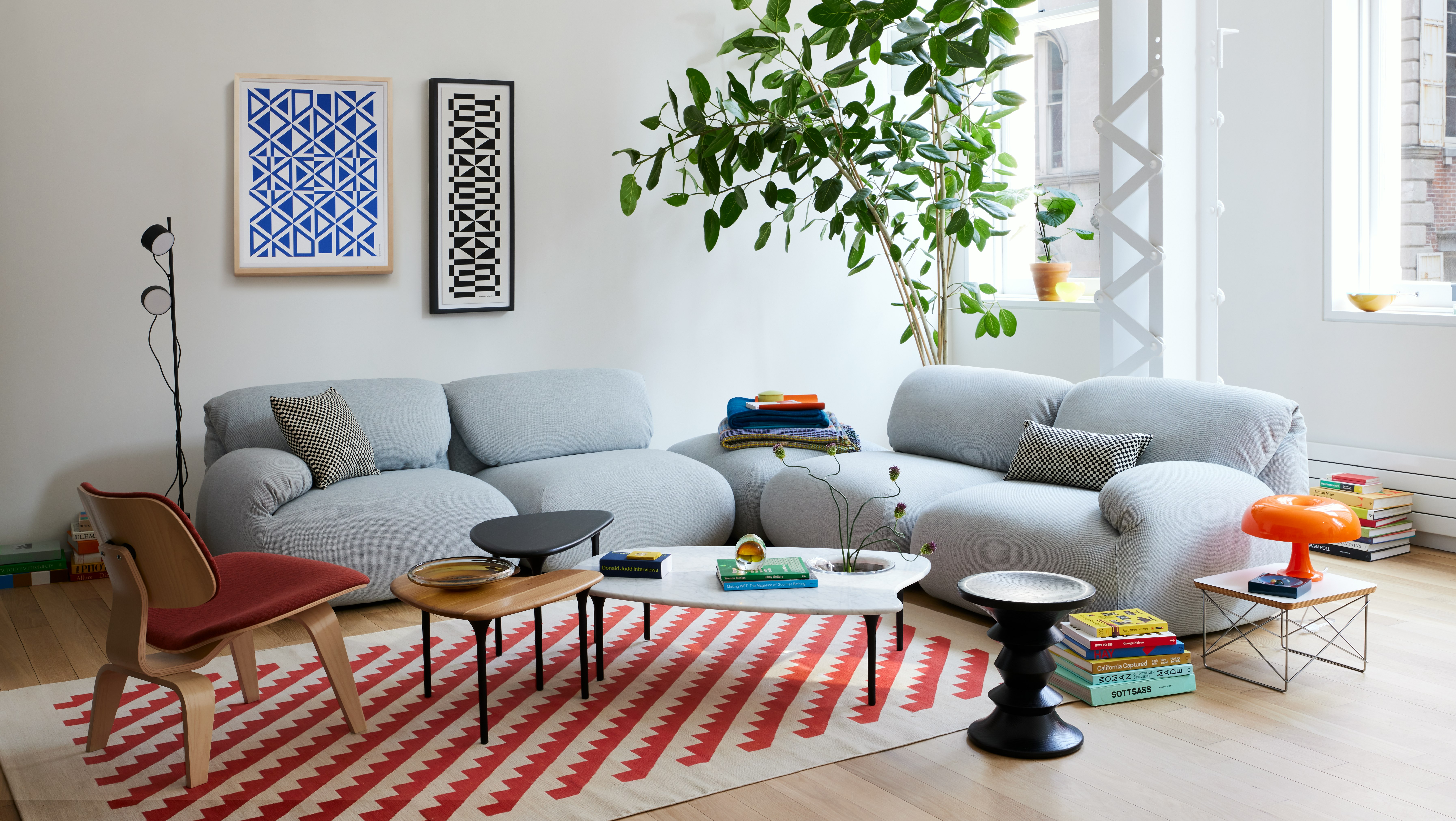 Luva Modular Corner Sectional, Cyclade Tables and Eames Turned Stool