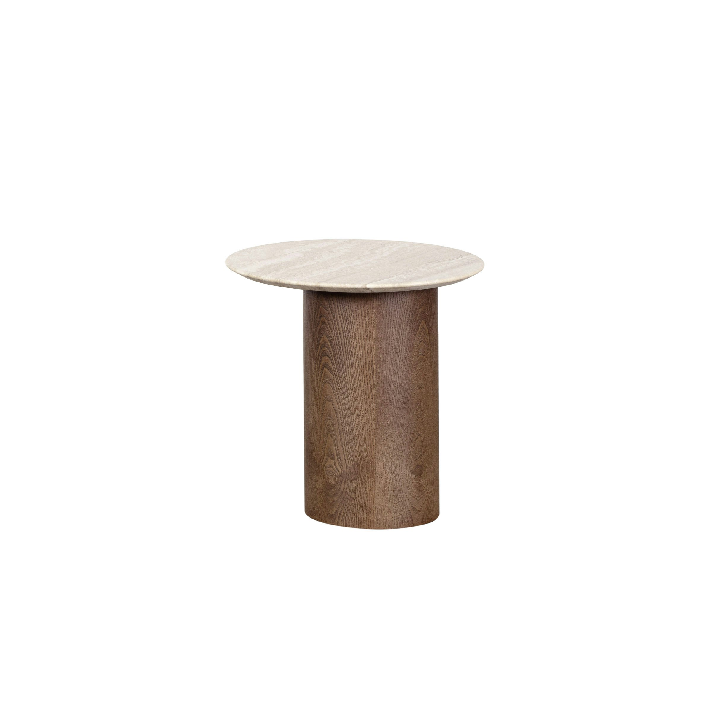 A Myon Side Table in Travertine viewed from the front.