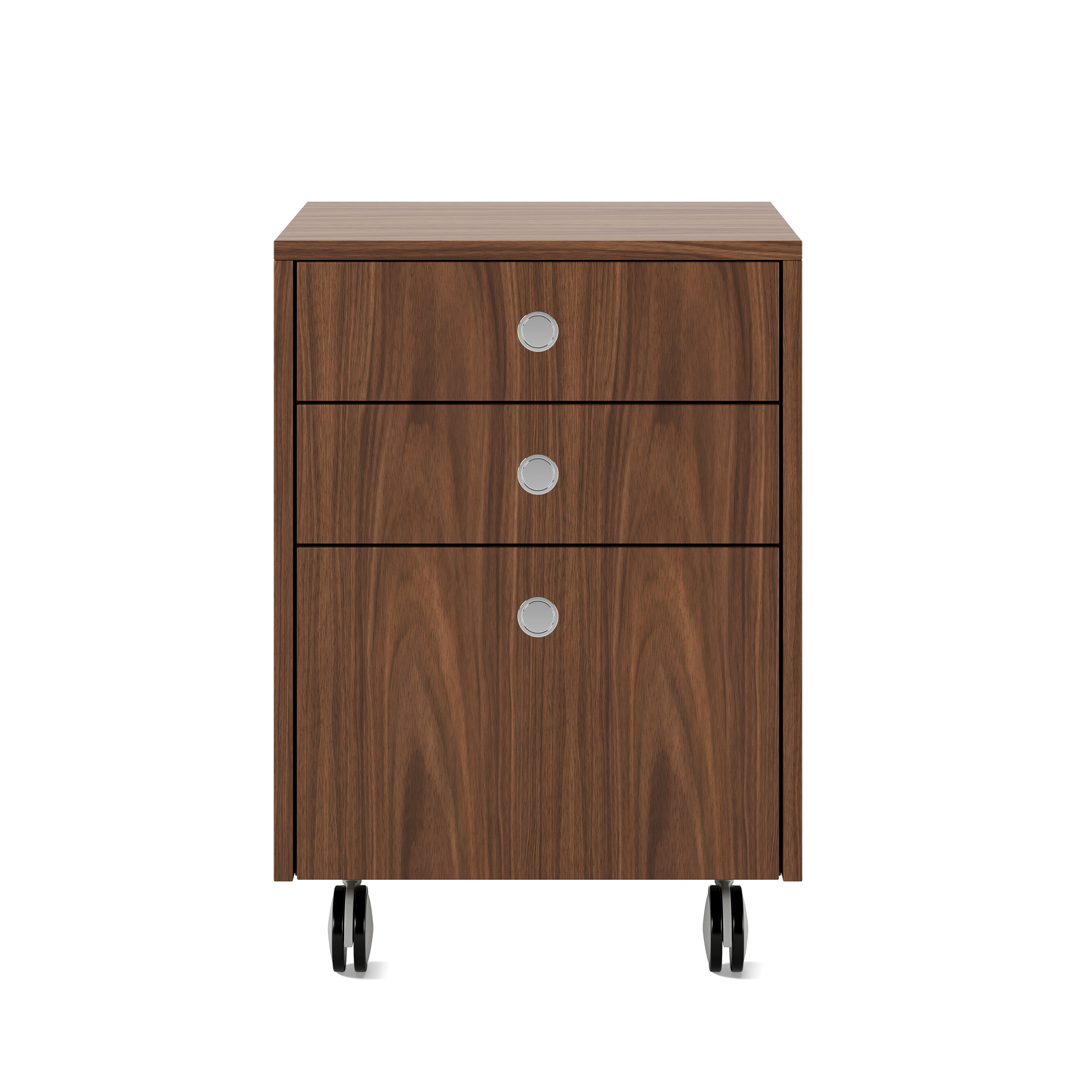 Sled Base Mobile Pedestal in walnut with three drawers and chrome pulls on casters viewed from the font.