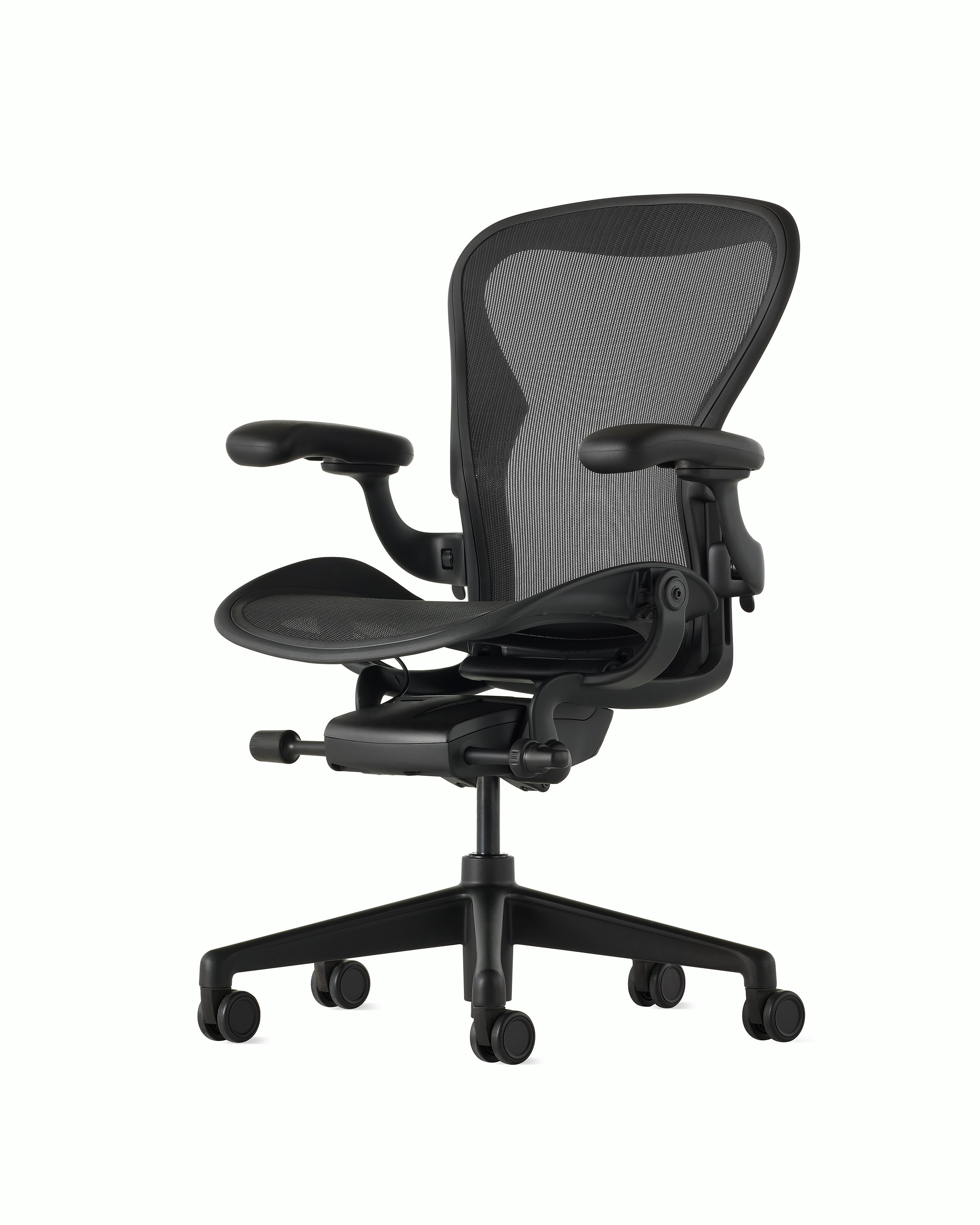 Black Matte Aeron Chair on a white background with a 5-star base, angled view from the front.