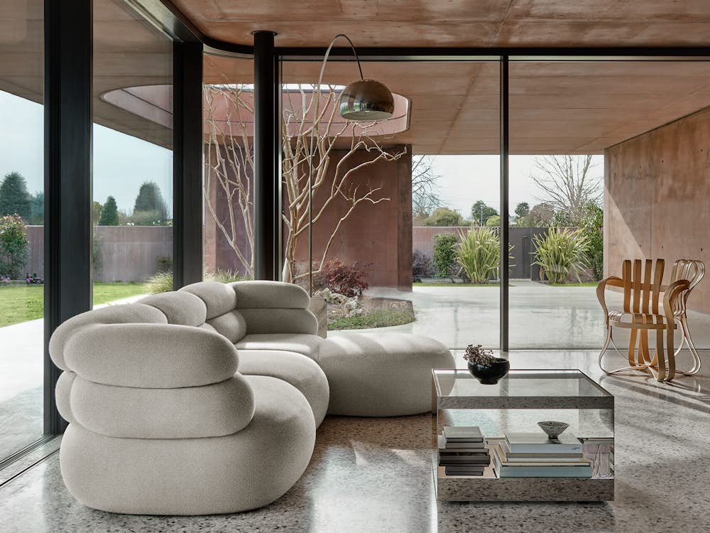 Biboni Sofa, D'Urso Coffee Table and Gehry Cross Check Armchair