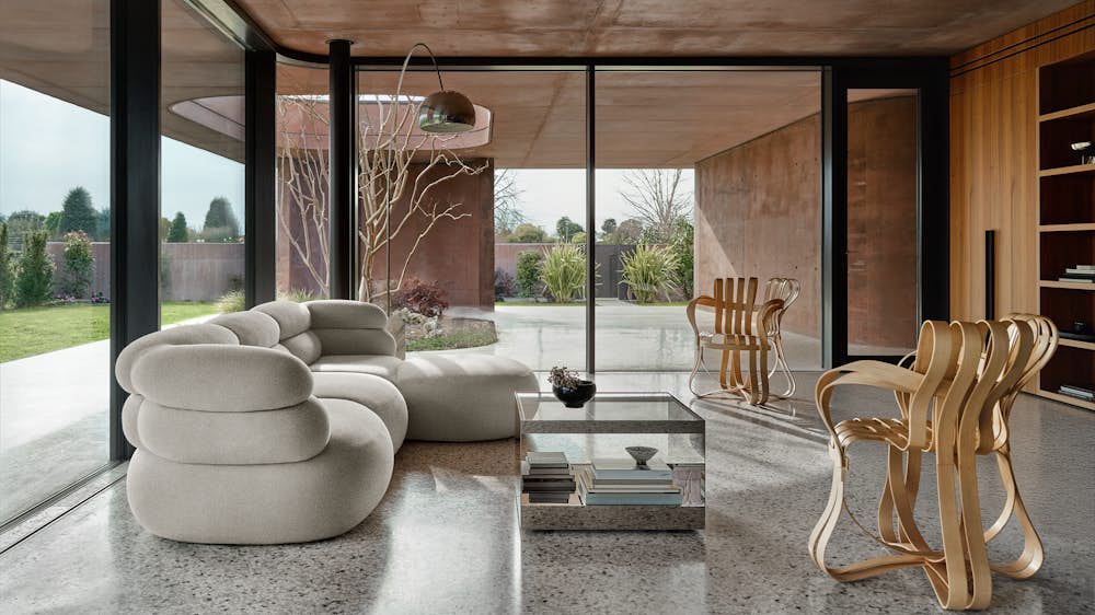 Biboni Sofa, D'Urso Coffee Table and Gehry Cross Check Armchair