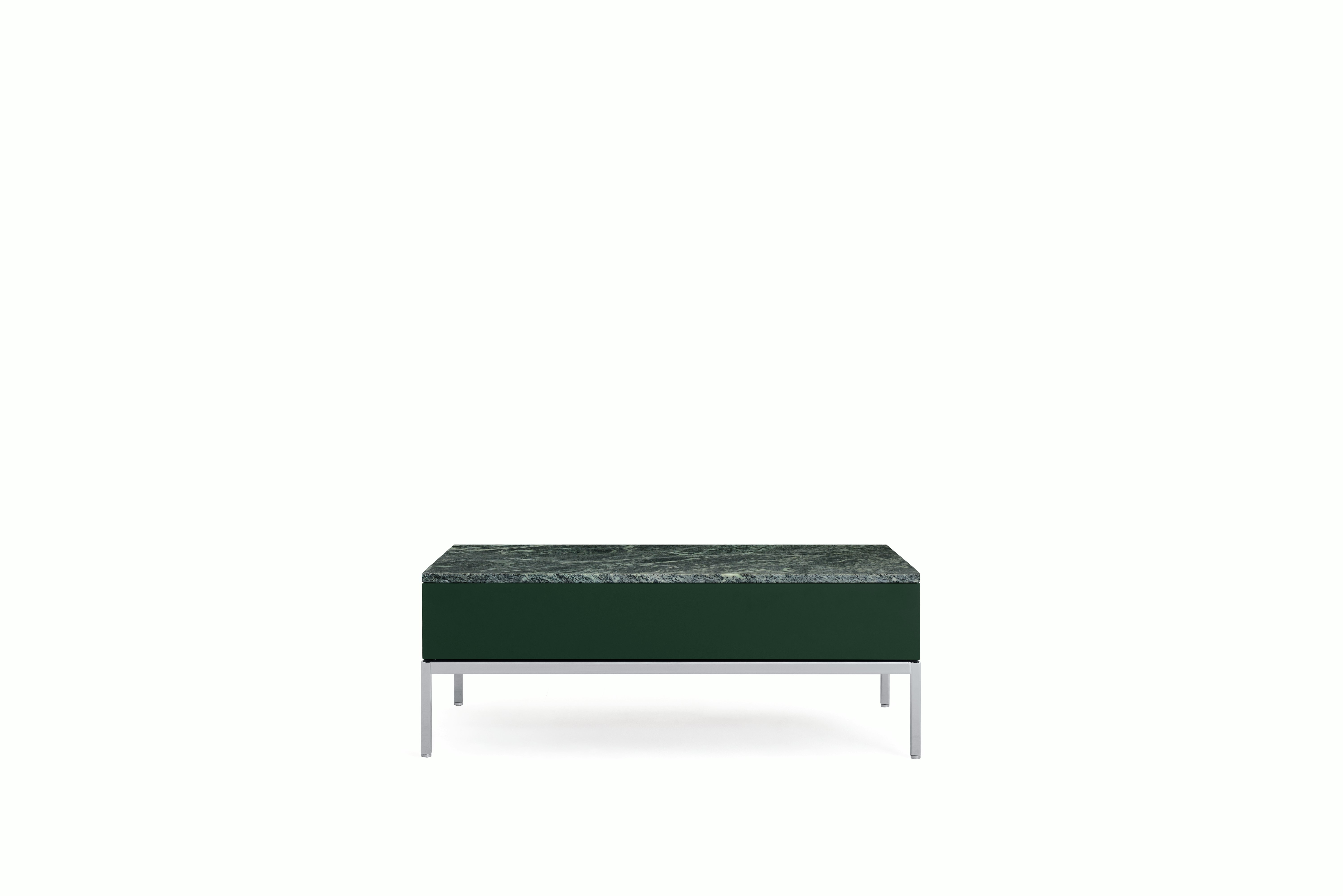 A Knoll Chermayeff Coffee Table in Dark Python Lacquer, Verdi Alpi Polished Coated Marble viewed from the front.